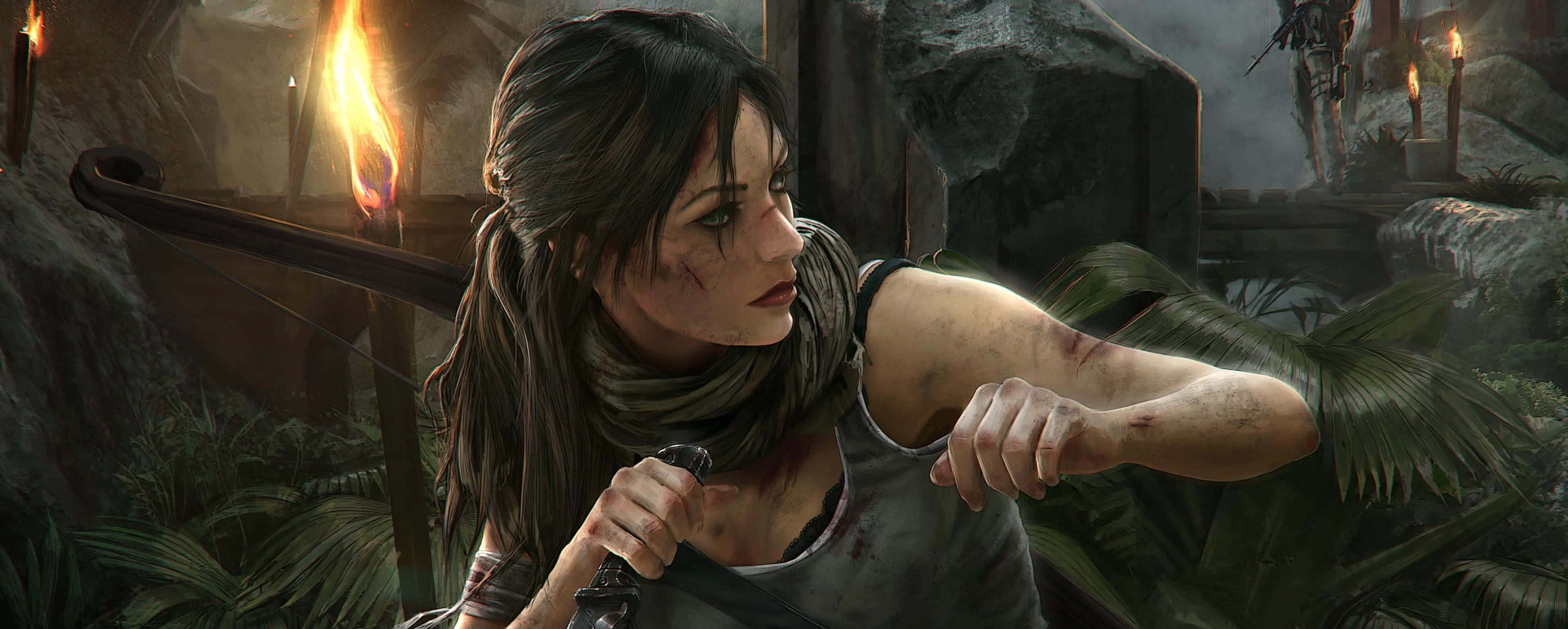 video games 桌布 壁紙 — 一個堅定的冒險家手持弓箭，站在一個由閃爍火炬照亮的叢林神廟中。