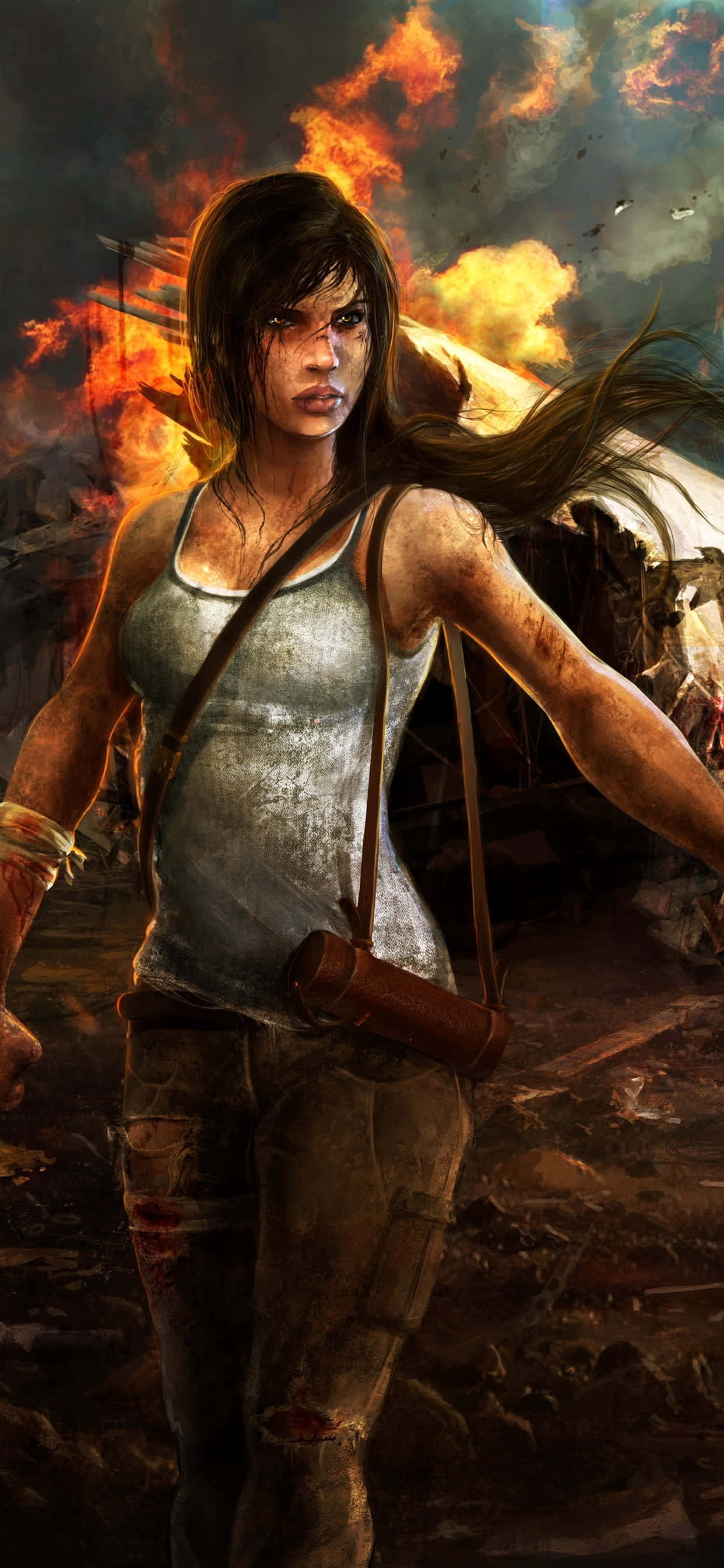 tomb raider iPhone 桌布 壁紙 — 一個堅定的冒險家站在燃燒的廢墟中，身後煙霧滾滾，這是一幅戲劇性的數位插圖。