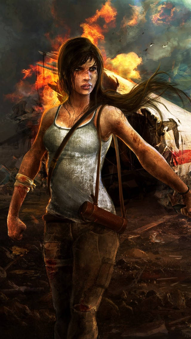 tomb raider iPhone 桌布 壁紙 — 一個堅定的冒險家站在燃燒的廢墟中，身後煙霧翻騰，構成一個戲劇性的動作場景。