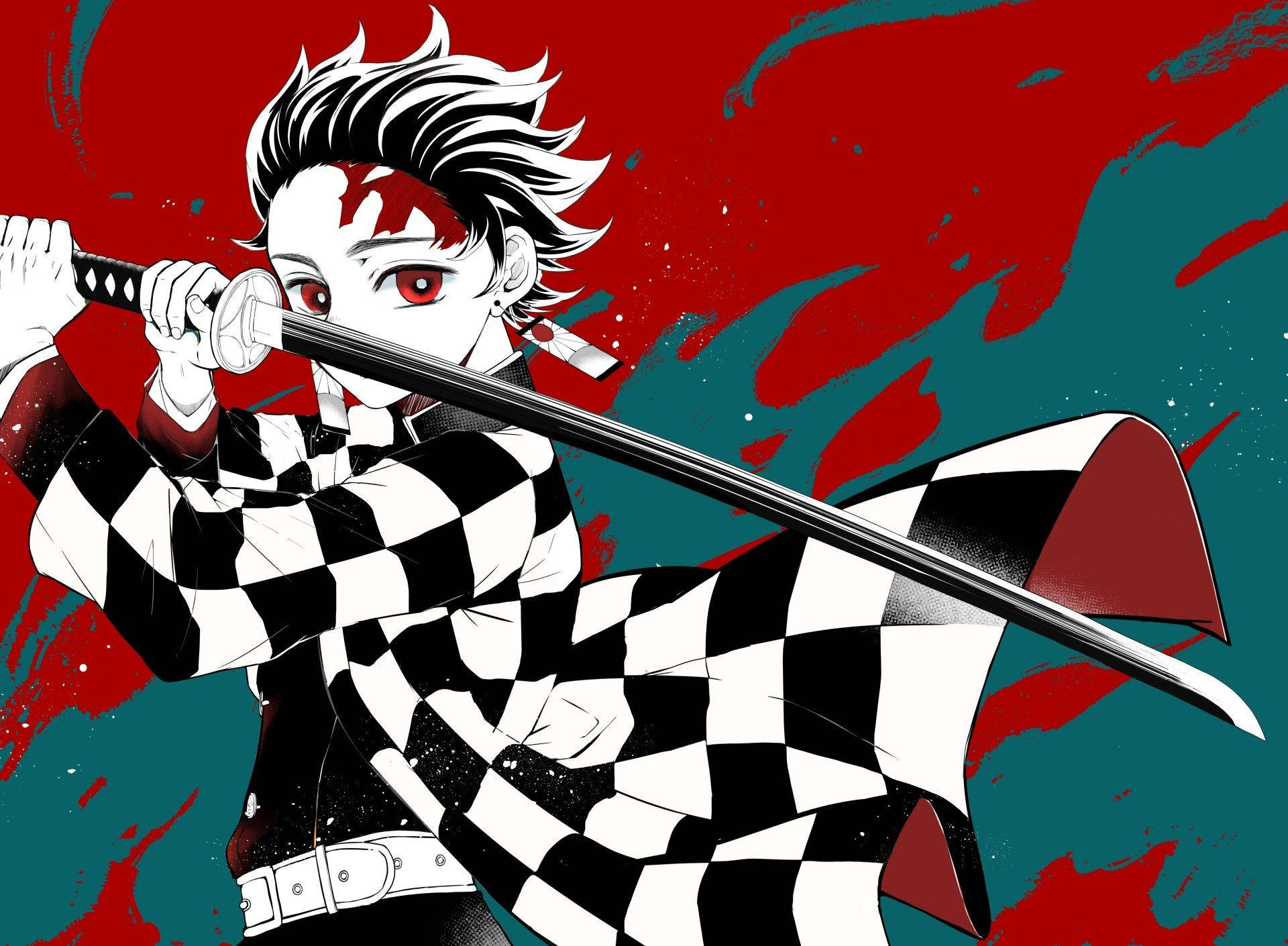 Tanjiro Kamado 桌布 壁紙 — 一個堅定的動漫劍士穿著格紋和服，在鮮紅與青綠的潑濺背景中緊握刀刃。