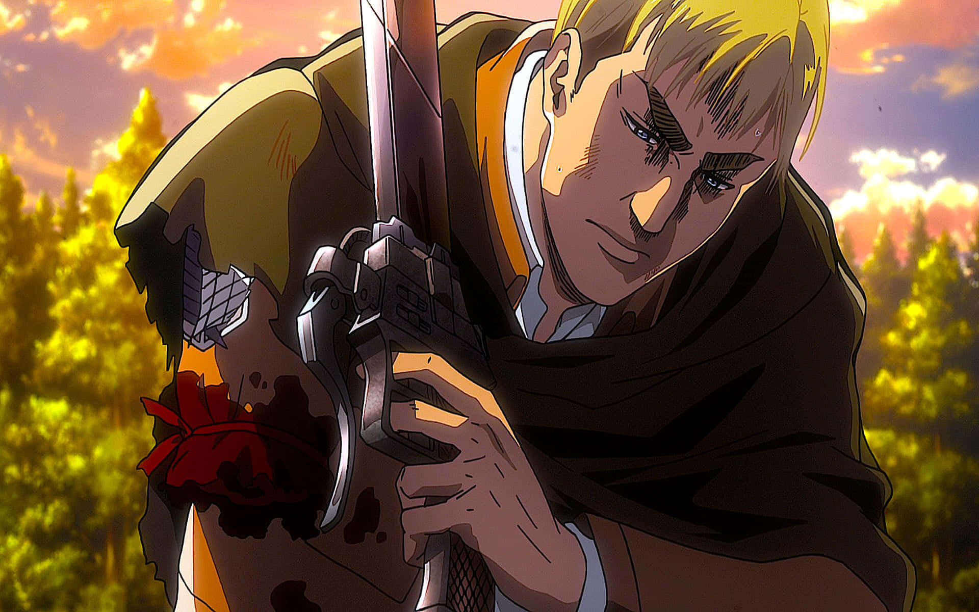 Attack On Titan Season 2 桌布 壁紙 — 一個堅定的動漫士兵握著一把沾血的劍，背景是熾熱的夕陽和模糊的森林。