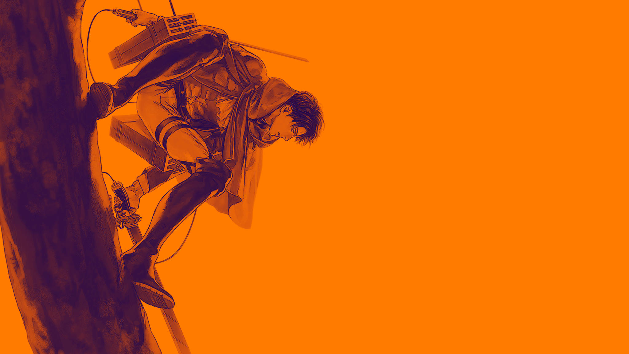 levi aesthetic 桌布 壁紙 — 一個堅定的動漫士兵穿著攀岩裝備，在純橙色背景上攀爬樹幹。