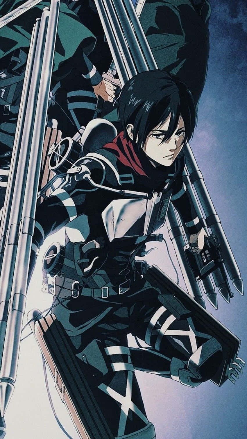 Mikasa Ackerman 桌布 壁紙 — 一個堅定的動漫士兵穿著立體機動裝置，在暴風雨的天空下緊握武器。