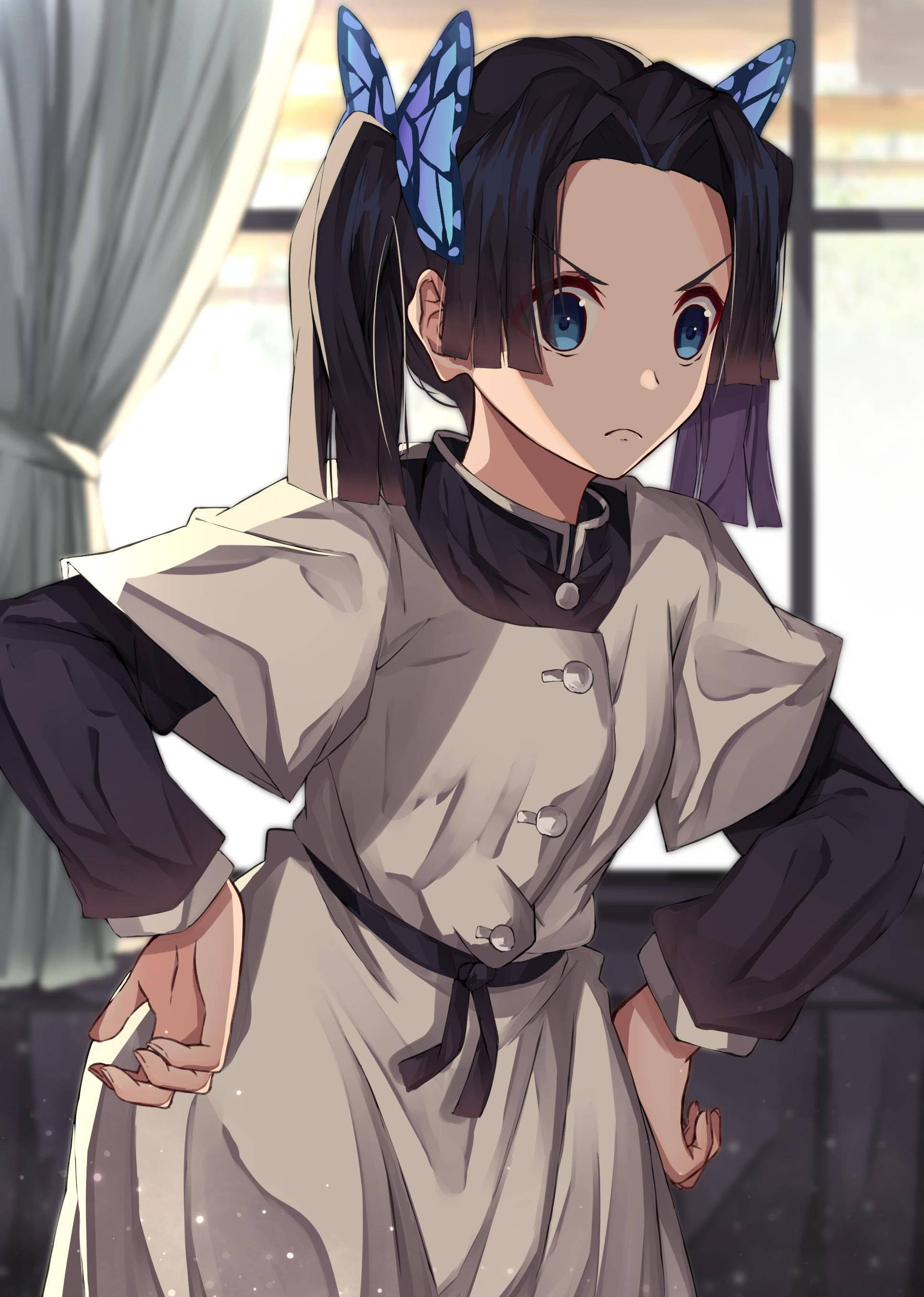 aoi kanzaki 桌布 壁紙 — 一個堅定的動漫女孩，戴著藍色蝴蝶髮夾，自信地站在陽光充足的房間裡，穿著傳統風格的服裝。