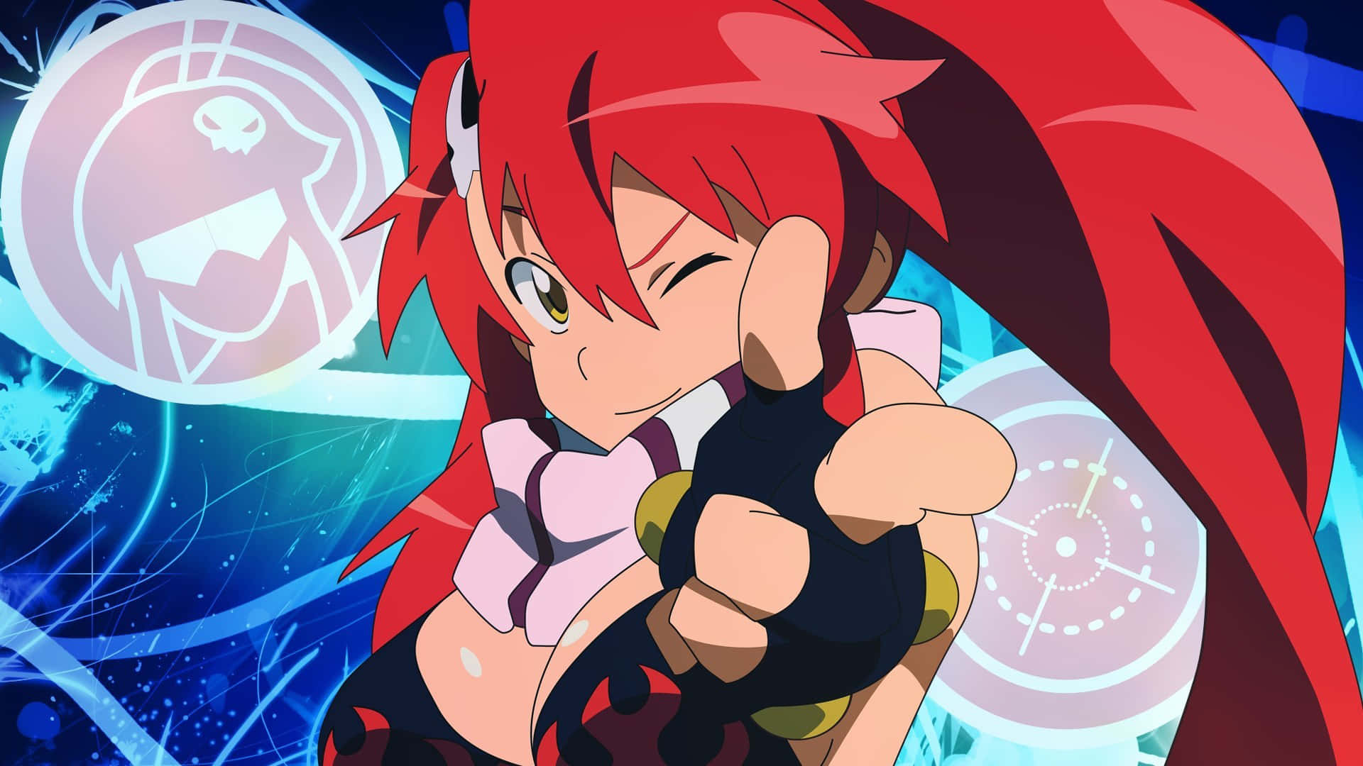 yoko littner 桌布 壁紙 — 一個堅定的動漫女孩，擁有火紅的頭髮，在發光的藍色和紫色數位背景前眨眼並向前指。