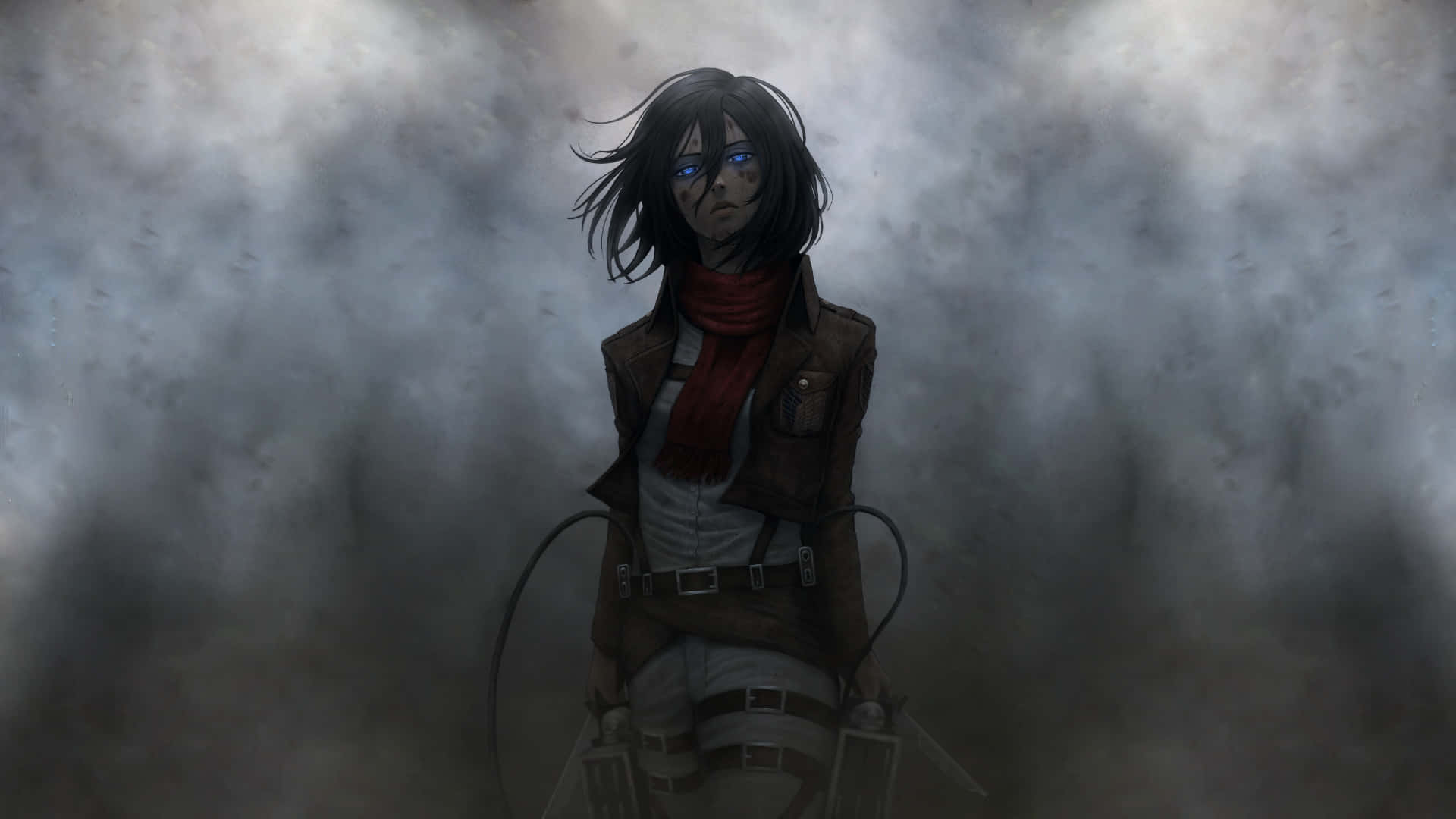 Mikasa 桌布 壁紙 — 一個堅定的動漫女孩，擁有發光的藍色眼睛和紅色圍巾，站在暴風雨的灰色迷霧中，手持裝備。