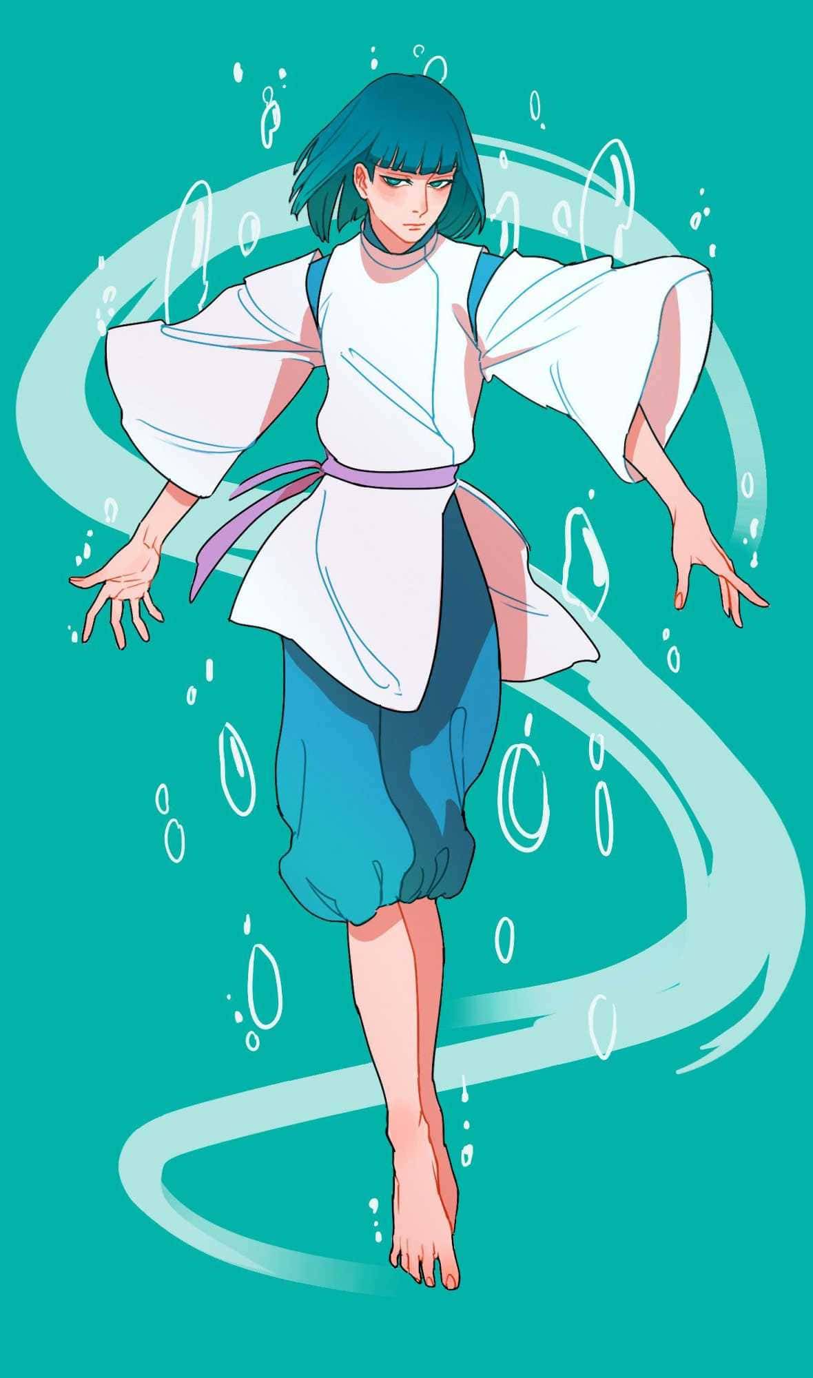Haku Spirited Away Phone 桌布 壁紙 — 一個堅定的動漫女孩，擁有青綠色頭髮和白色長袍，在青綠色背景前，被旋轉的水和氣泡包圍，懸浮在半空中。