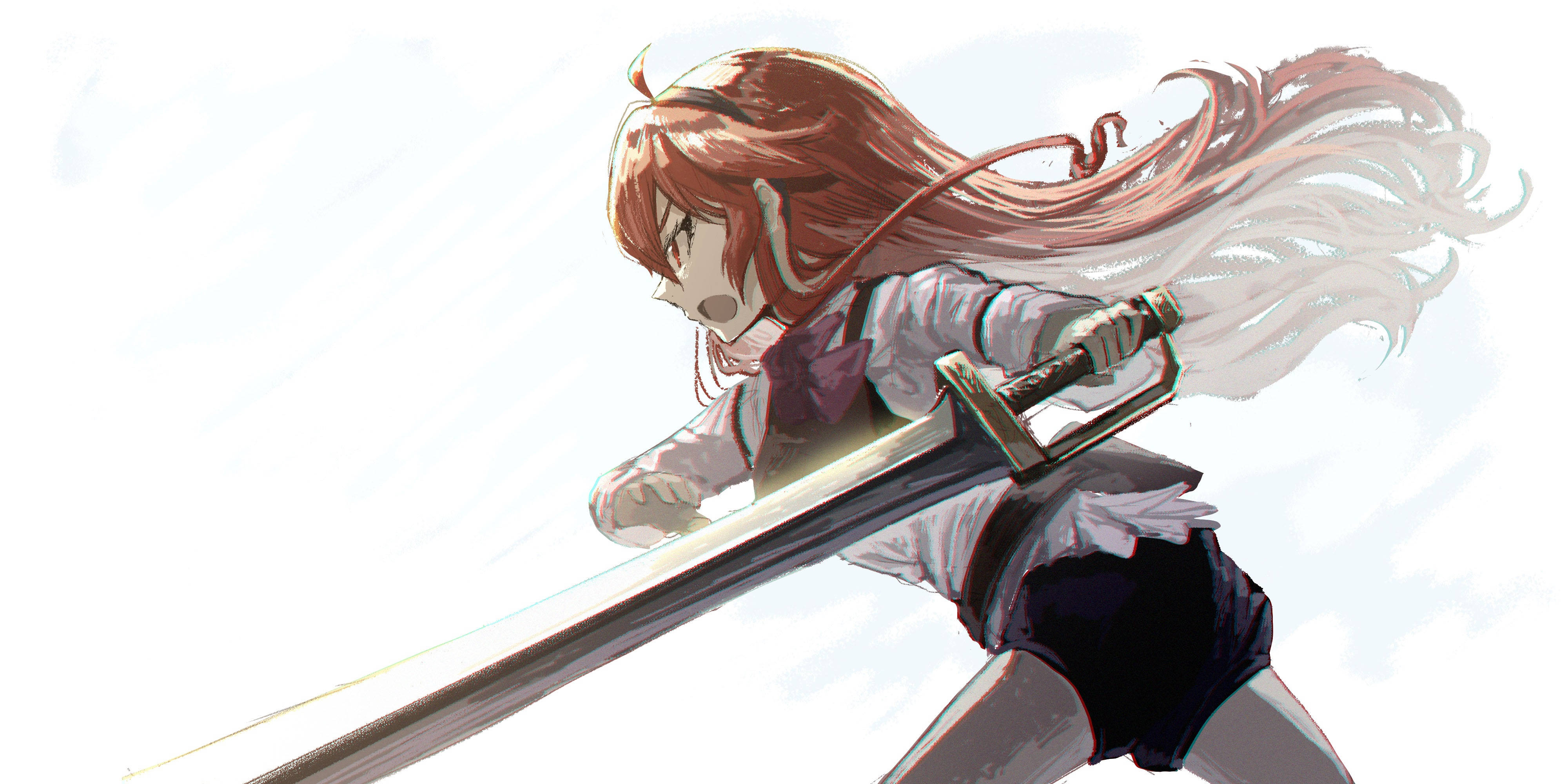 Mushoku Tensei 桌布 壁紙 — 一個堅定的動漫女孩，擁有飄逸的紅髮，在明亮的白色背景下以動態戰鬥姿勢揮舞著一把大劍。