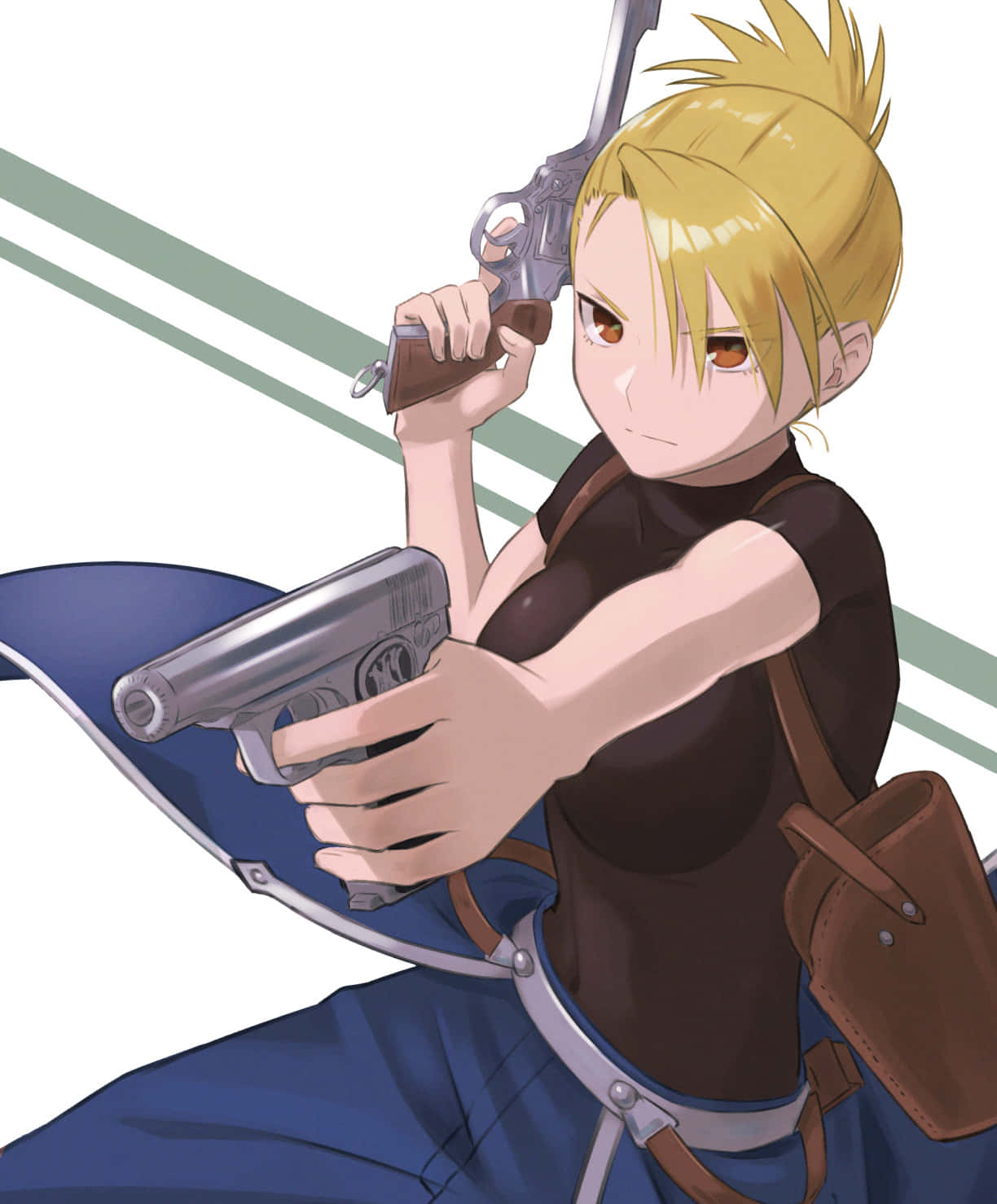 Riza Hawkeye 桌布 壁紙 — 一個堅定的動漫女孩，有著尖刺金髮，在帶有綠色對角線條的極簡背景前瞄準兩把手槍。