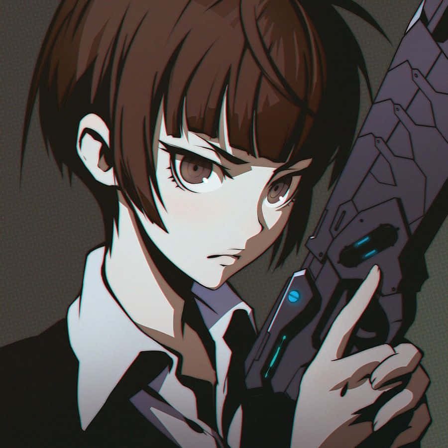 Akane Tsunemori 桌布 壁紙 — 一個堅定的動漫女孩，棕色頭髮，在黑暗背景下拿著一把帶有藍色發光裝飾的未來風格槍支。