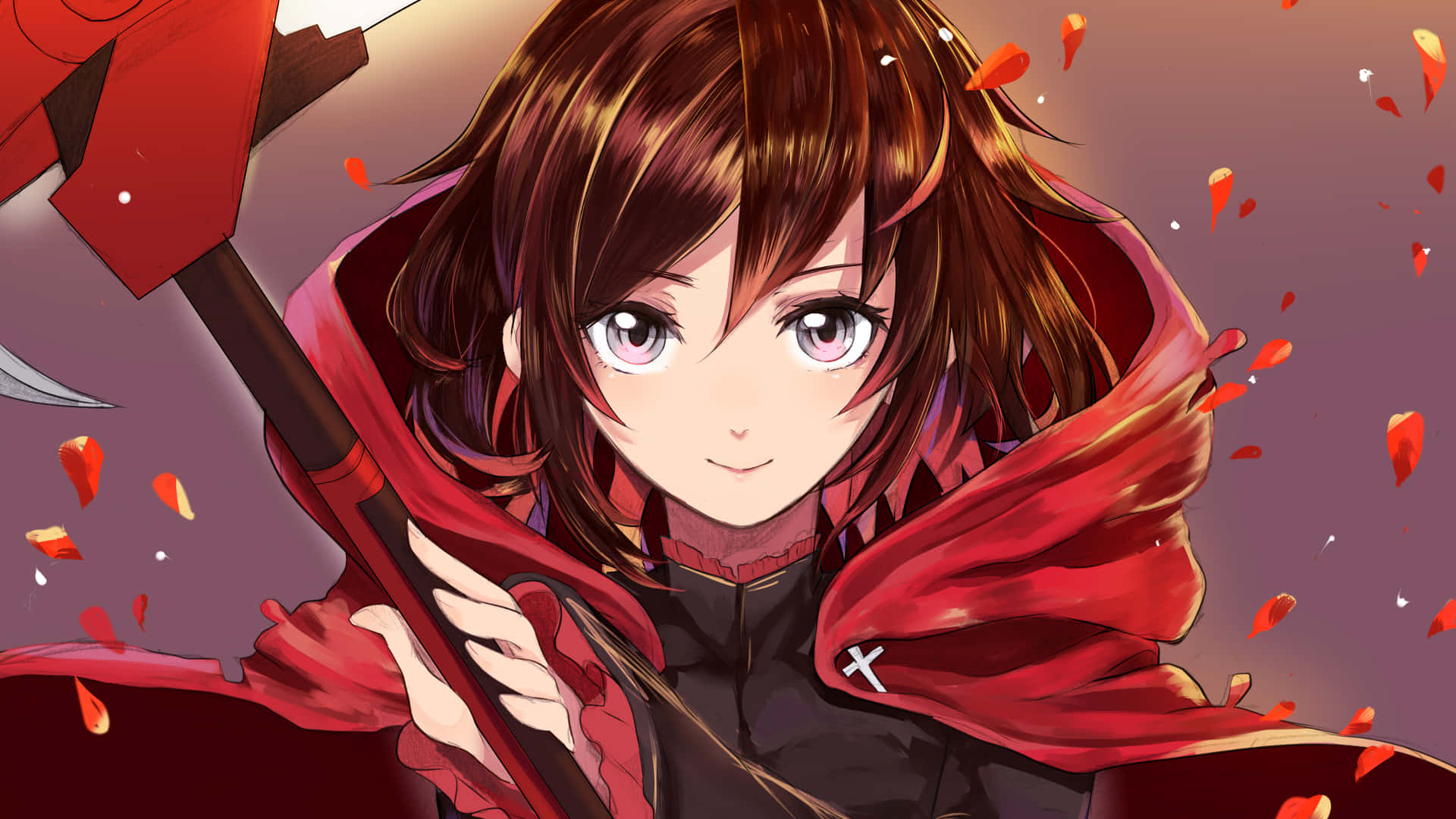 RWBY 桌布 壁紙 — 一個堅定的動漫女孩，棕色頭髮，紫色眼睛，手持紅色斧頭，紅色花瓣在她周圍以動態姿勢旋轉。