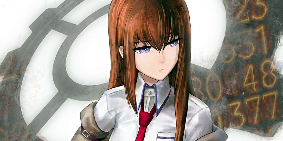 kurisu makise 桌布 壁紙 — 一個堅定的動漫女孩，棕色頭髮和紫色眼睛，穿著白色校服配紅色領帶，背景粗糙，帶有褪色的數字和符號。