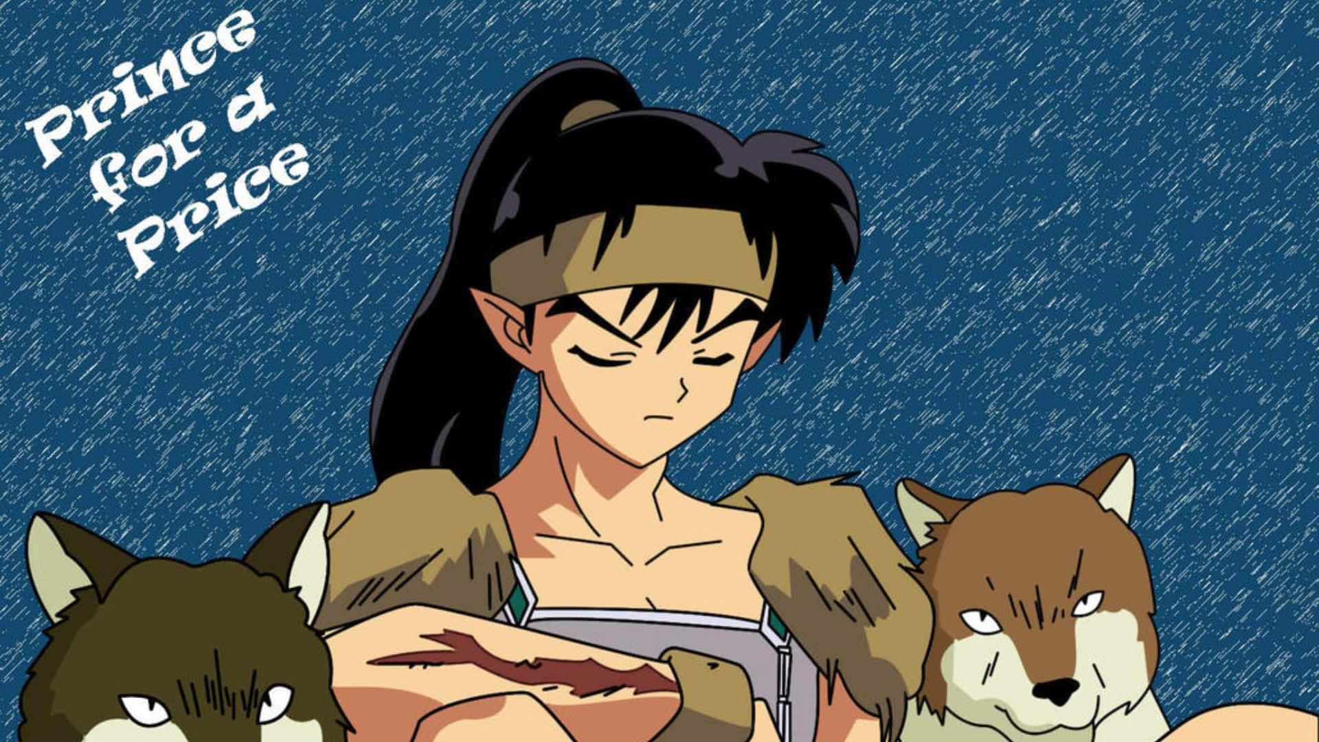 Inuyasha Koga 桌布 壁紙 — 一個堅定的動漫女孩，深色頭髮，戴著頭帶，站在兩隻狼之間，背景是帶有雨絲的暴風雨藍天。