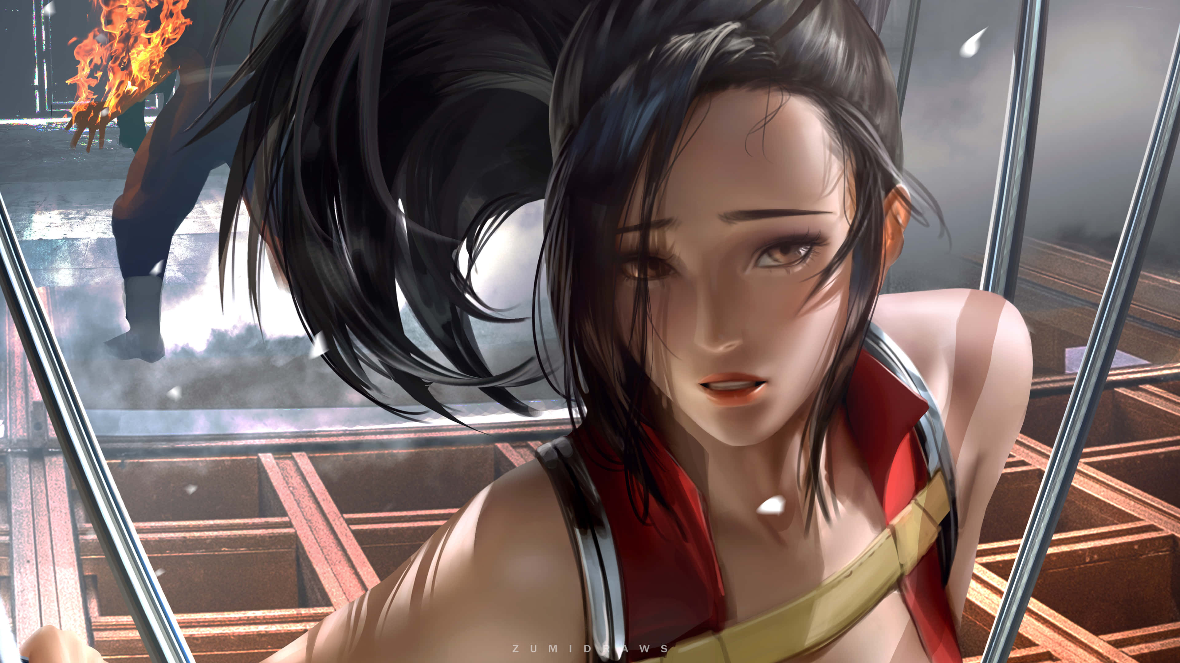Momo Yaoyorozu 桌布 壁紙 — 一個堅定的動漫女孩，深色頭髮，紅色服裝，在金屬樓梯上向前傾，身後火焰爆發，形成一個戲劇性的場景。