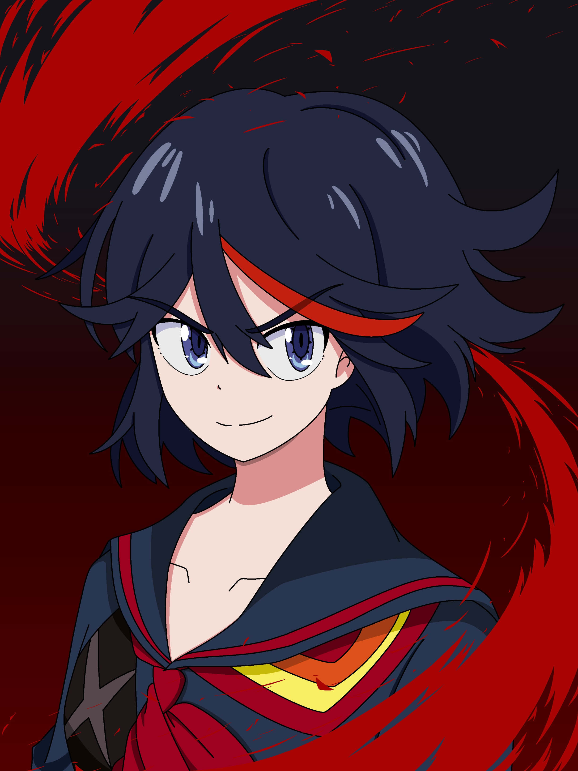 ryuko matoi 桌布 壁紙 — 一個堅定的動漫女孩，深色頭髮，紅色頭帶，站在旋轉的紅色背景前。