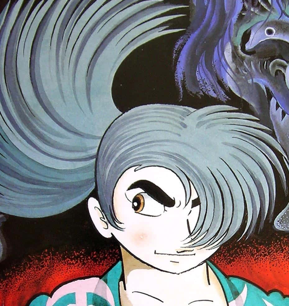 多羅羅 桌布 壁紙 — 一個堅定的動漫女孩，灰色頭髮和棕色眼睛，直視前方，一隻巨大的藍色怪物在她身後若隱若現，背景是旋轉的紅色和黑色。