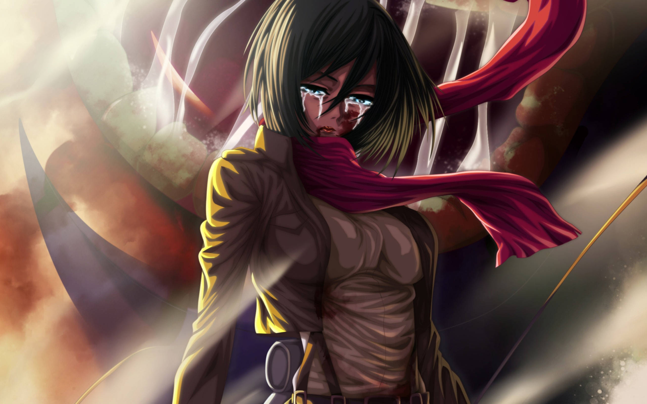 Mikasa Ackerman 桌布 壁紙 — 一個堅定的動漫女孩，留著短黑髮，戴著紅色圍巾，在火熱的背景前揮舞著劍哭泣。