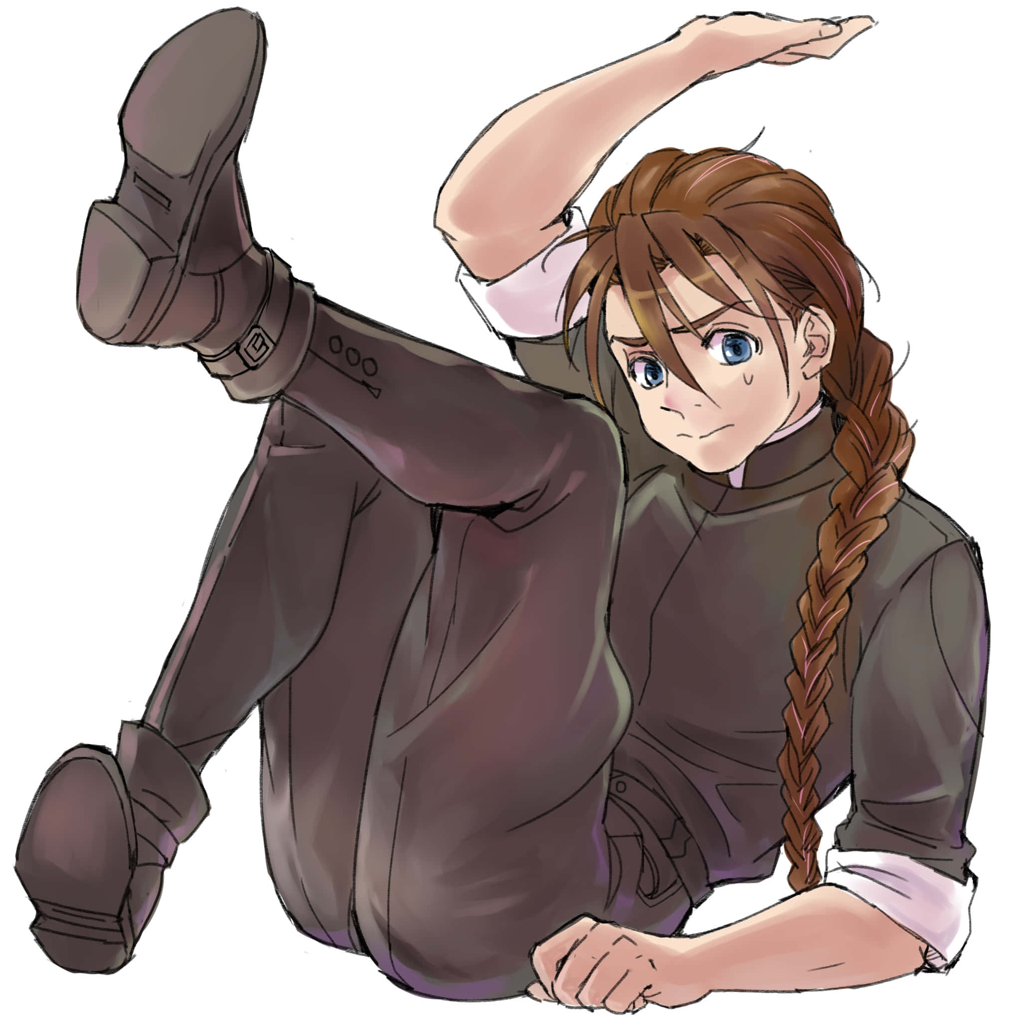 Duo Maxwell 桌布 壁紙 — 一個堅定的動漫女孩，留著長長的棕色辮子，以動態姿勢盤腿而坐，一條腿翹起，穿著深棕色服裝和靴子。