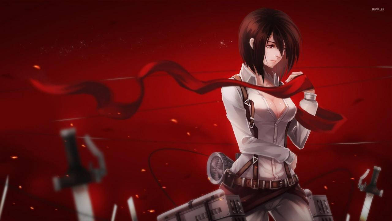 Mikasa 桌布 壁紙 — 一個堅定的動漫女孩，短棕髮和紅色圍巾，站在血紅色背景中漂浮的劍之間。