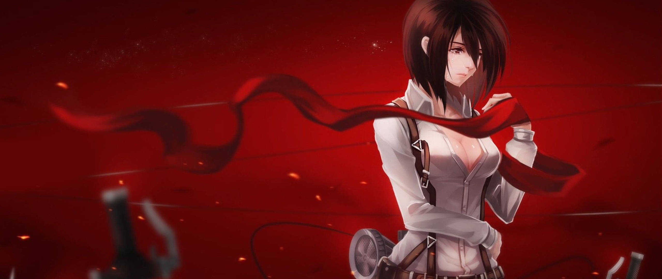 Sexy Anime 桌布 壁紙 — 一個堅定的動漫女孩，短棕髮和紅色圍巾，站在火紅的背景前，背景有漂浮的碎片。