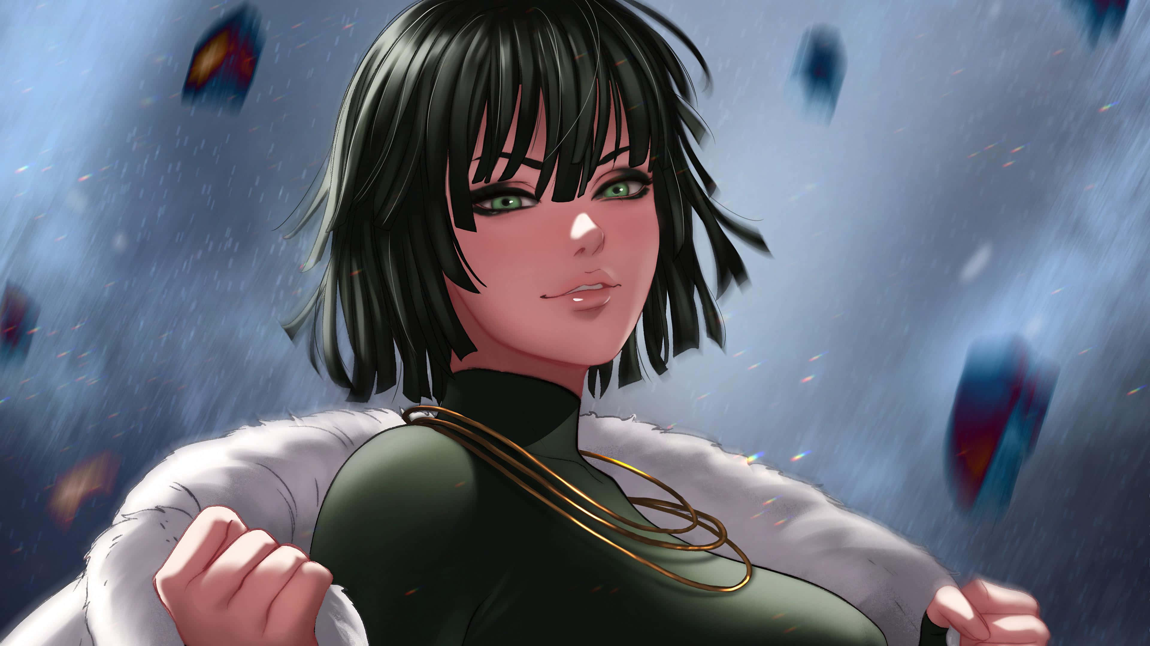 Fubuki 桌布 壁紙 — 一個堅定的動漫女孩，短黑髮和綠眼睛，站在暴風雨中，穿著綠色上衣和白色毛領。