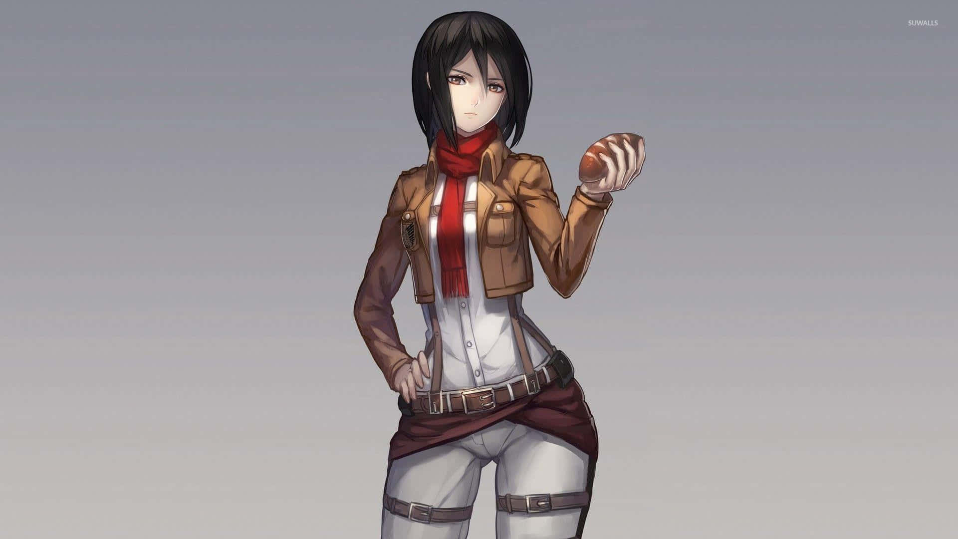 Mikasa Ackerman 桌布 壁紙 — 一個堅定的動漫女孩，穿著棕色外套和紅色圍巾，在純灰色背景前拿著一個麵包卷。
