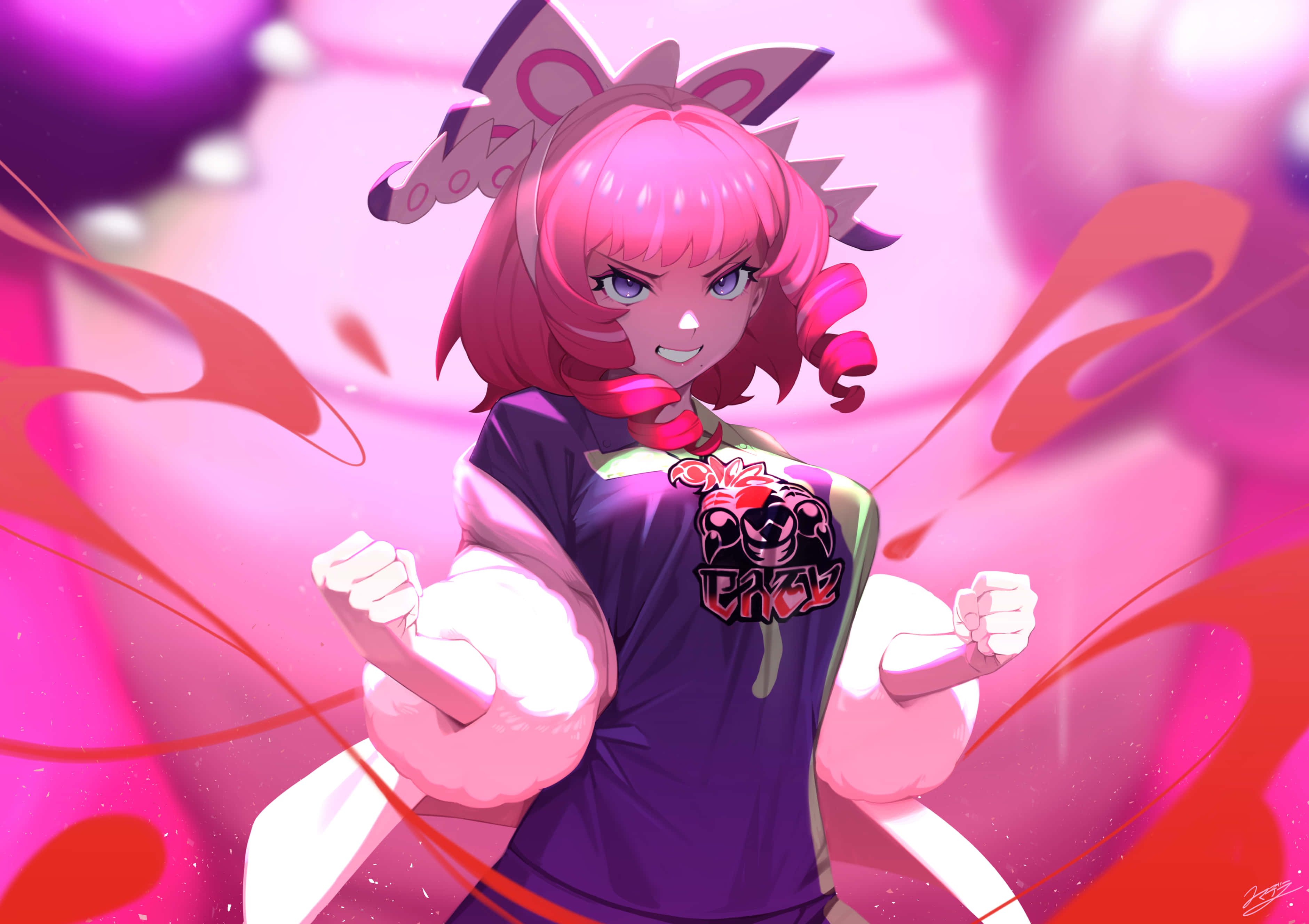 Cute Anime Girl 桌布 壁紙 — 一個堅定的動漫女孩，粉紅色頭髮和貓耳朵，對著旋轉的粉紅色和紅色抽象背景握緊拳頭。
