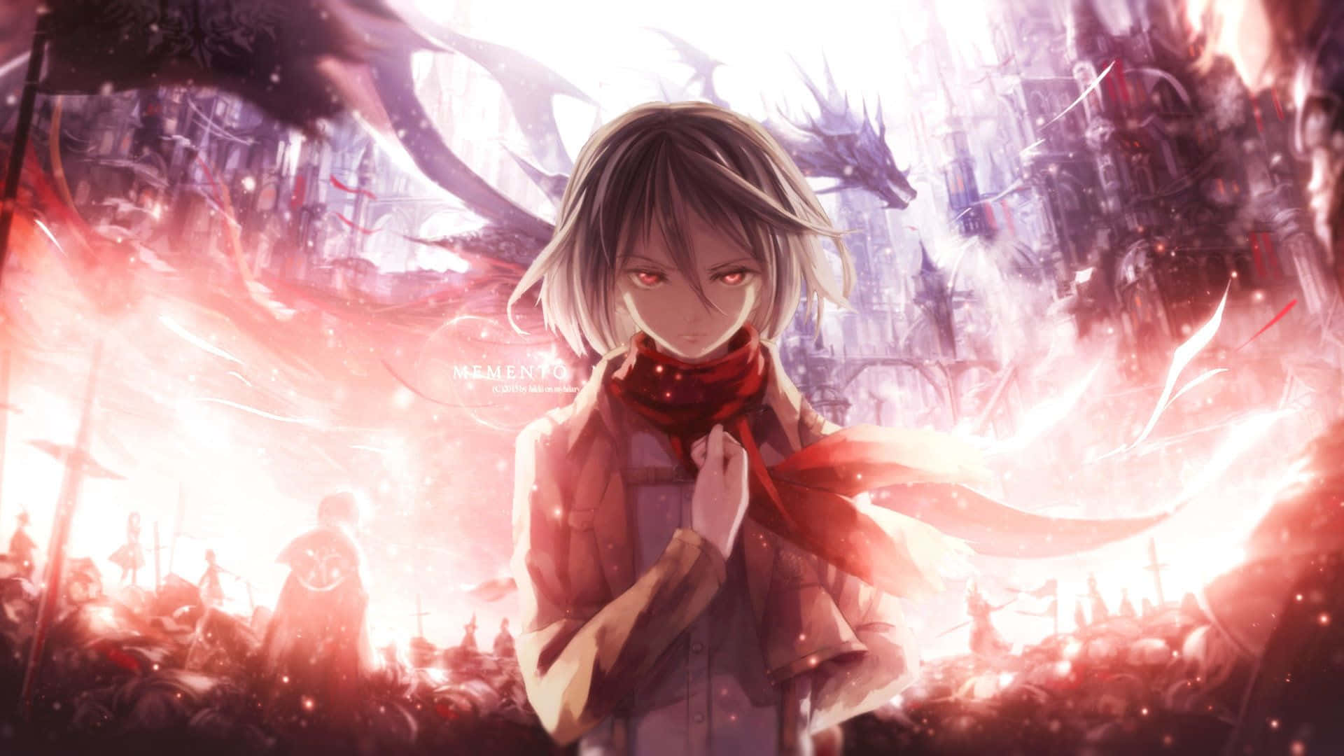 Mikasa Ackerman 桌布 壁紙 — 一個堅定的動漫女孩，紅眼睛，戴著圍巾，站在有龍和士兵的熾熱戰場前。