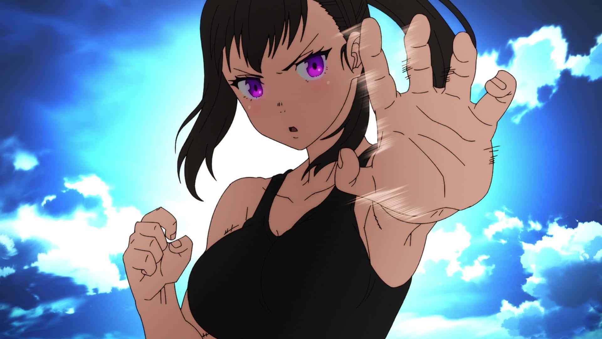 Tamaki Fire Force 桌布 壁紙 — 一個堅定的動漫女孩，紫色眼睛和黑色頭髮，在藍天白雲下伸出手。