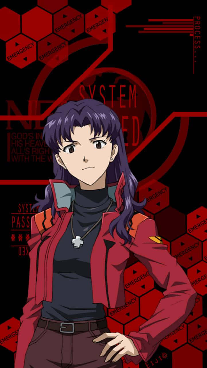 Misato Katsuragi 桌布 壁紙 — 一個堅定的動漫女孩，紫色頭髮和紅色外套，站在充滿紅色六邊形緊急系統圖形的黑暗背景前。