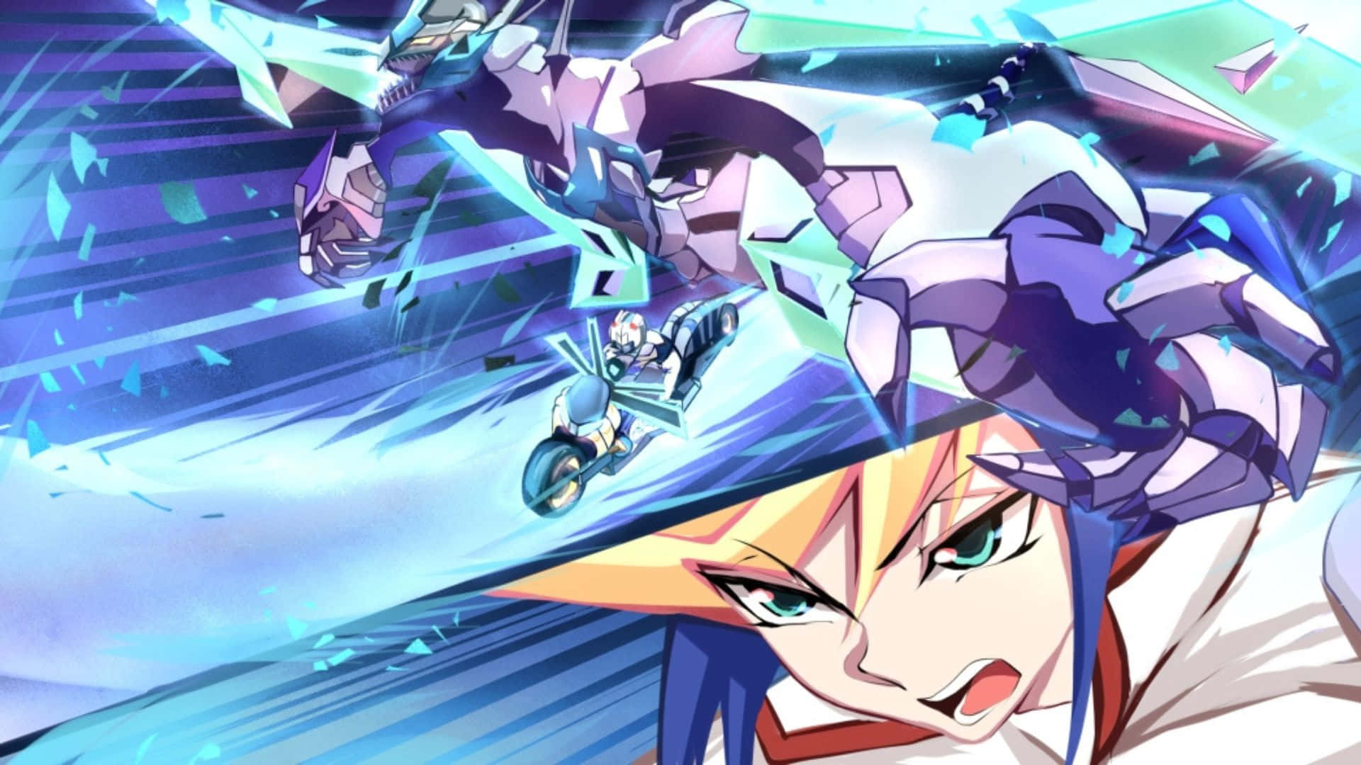 Yu-gi-oh Yugo 桌布 壁紙 — 一個堅定的動漫女孩，藍髮綠眼，騎著摩托車穿過破碎的玻璃隧道，身後有一個巨大的紫色機器人潛伏著。