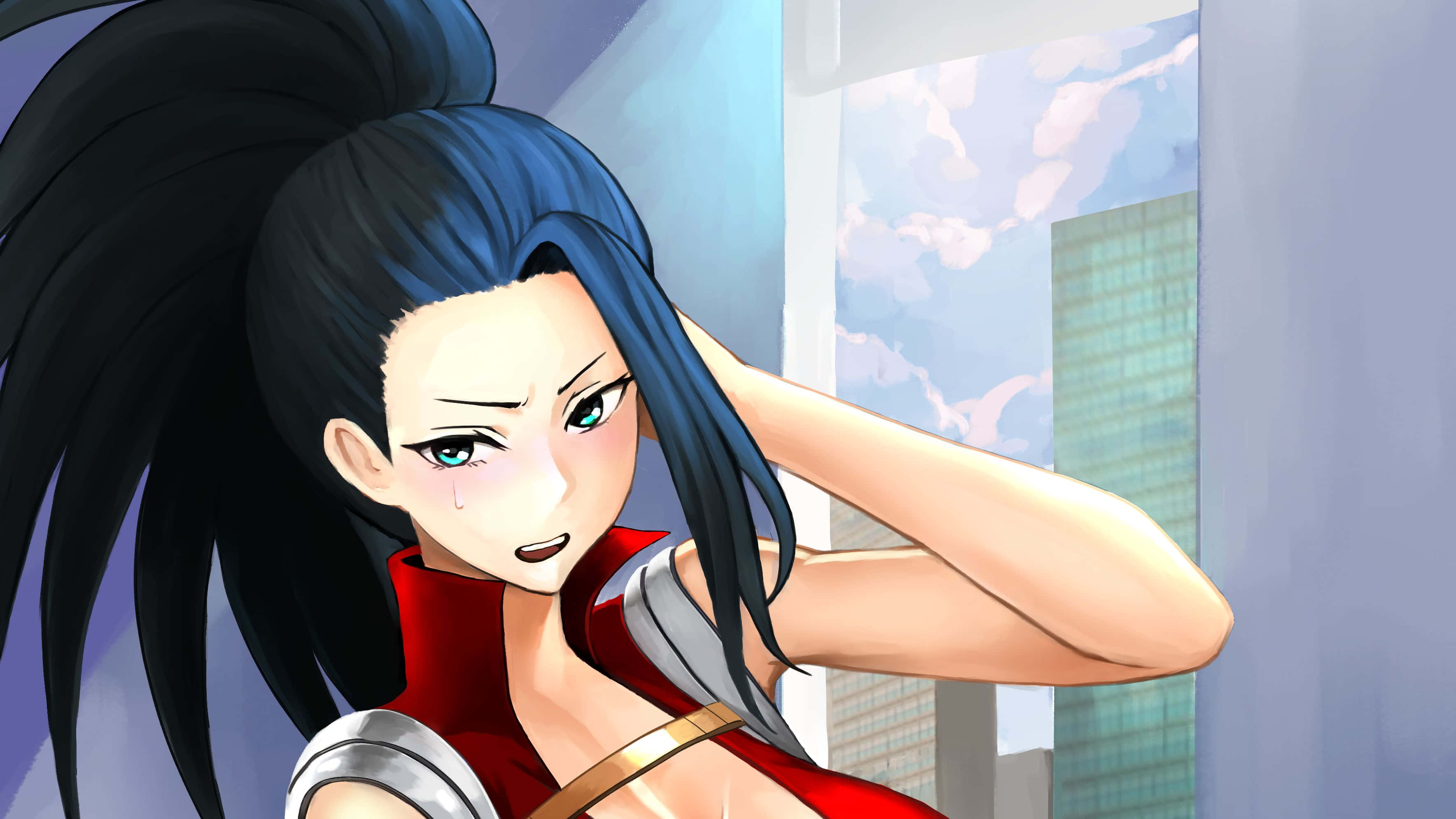 Momo Yaoyorozu 桌布 壁紙 — 一個堅定的動漫女孩，藍黑色頭髮和綠色眼睛，靠著窗戶俯瞰城市景觀。