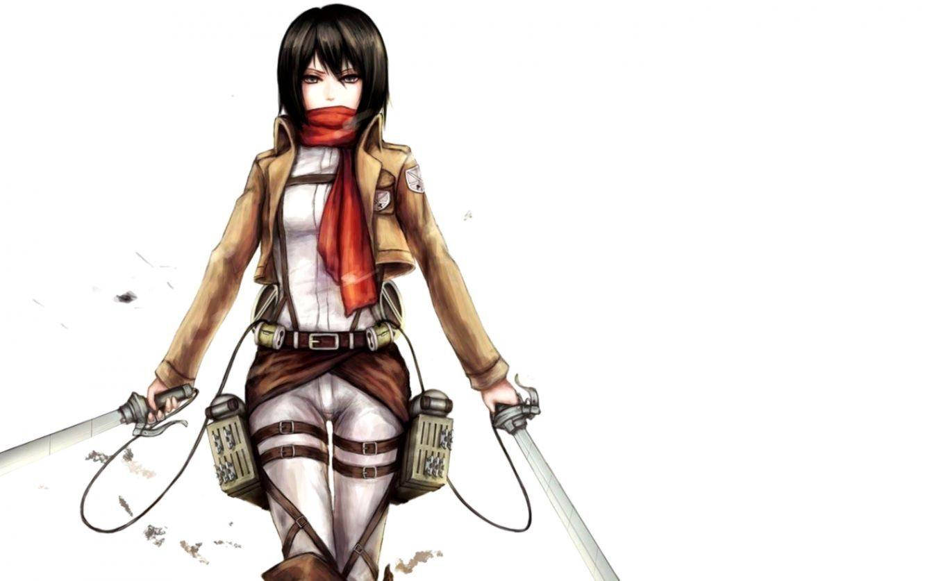 Mikasa 桌布 壁紙 — 一個堅定的動漫女孩，身穿棕色外套和紅色圍巾，雙腿綁著裝備，在純白背景前揮舞兩把劍。