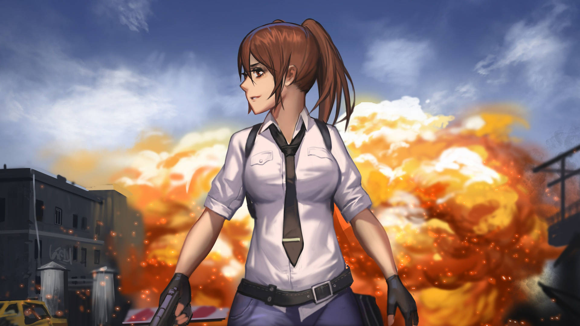 電玩遊戲 桌布 壁紙 — 一個堅定的動漫女孩，身穿白襯衫和領帶，自信地站在廢墟城市環境中一場巨大的火焰爆炸前。