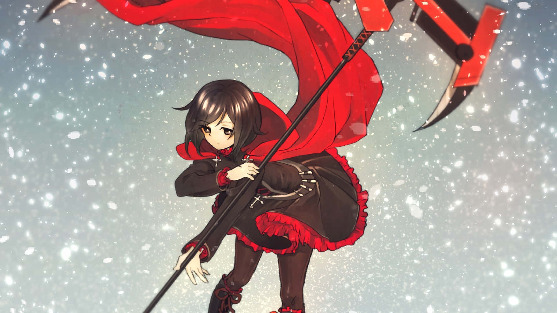 RWBY 桌布 壁紙 — 一個堅定的動漫女孩，身穿紅色斗篷，在雪景背景下揮舞著一把大鐮刀。