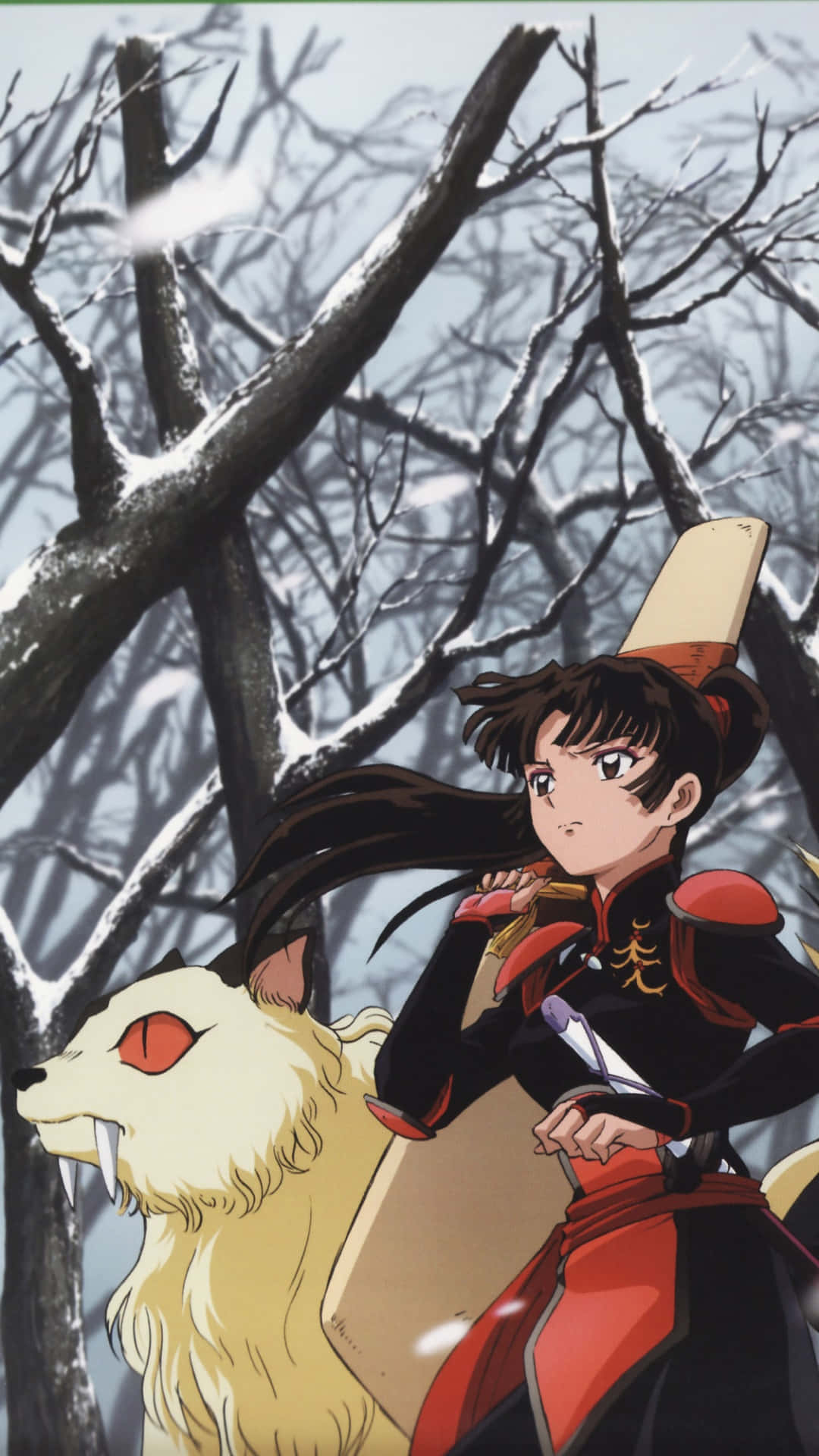 Kirara 桌布 壁紙 — 一個堅定的動漫女孩，身穿紅黑盔甲，騎著白狼穿過一片白雪覆蓋、樹木光禿的森林。