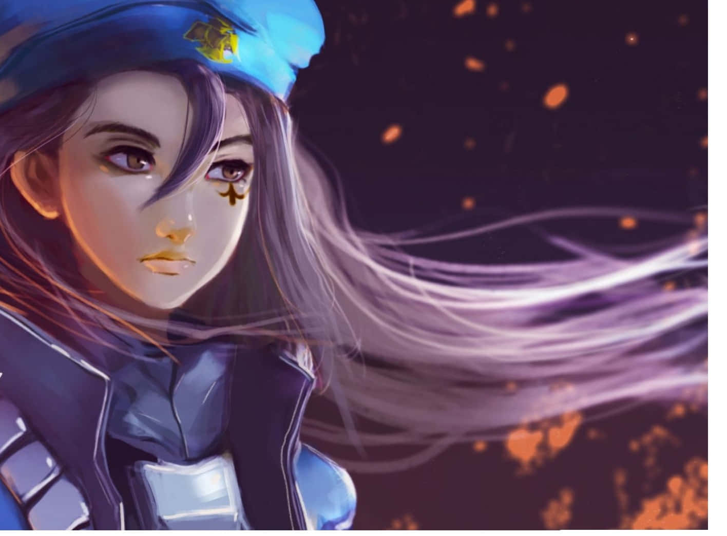 Overwatch Ana 桌布 壁紙 — 一個堅定的動漫女孩，身穿藍色制服和帽子，站在黑暗背景前，發光的橙色粒子在她周圍旋轉。