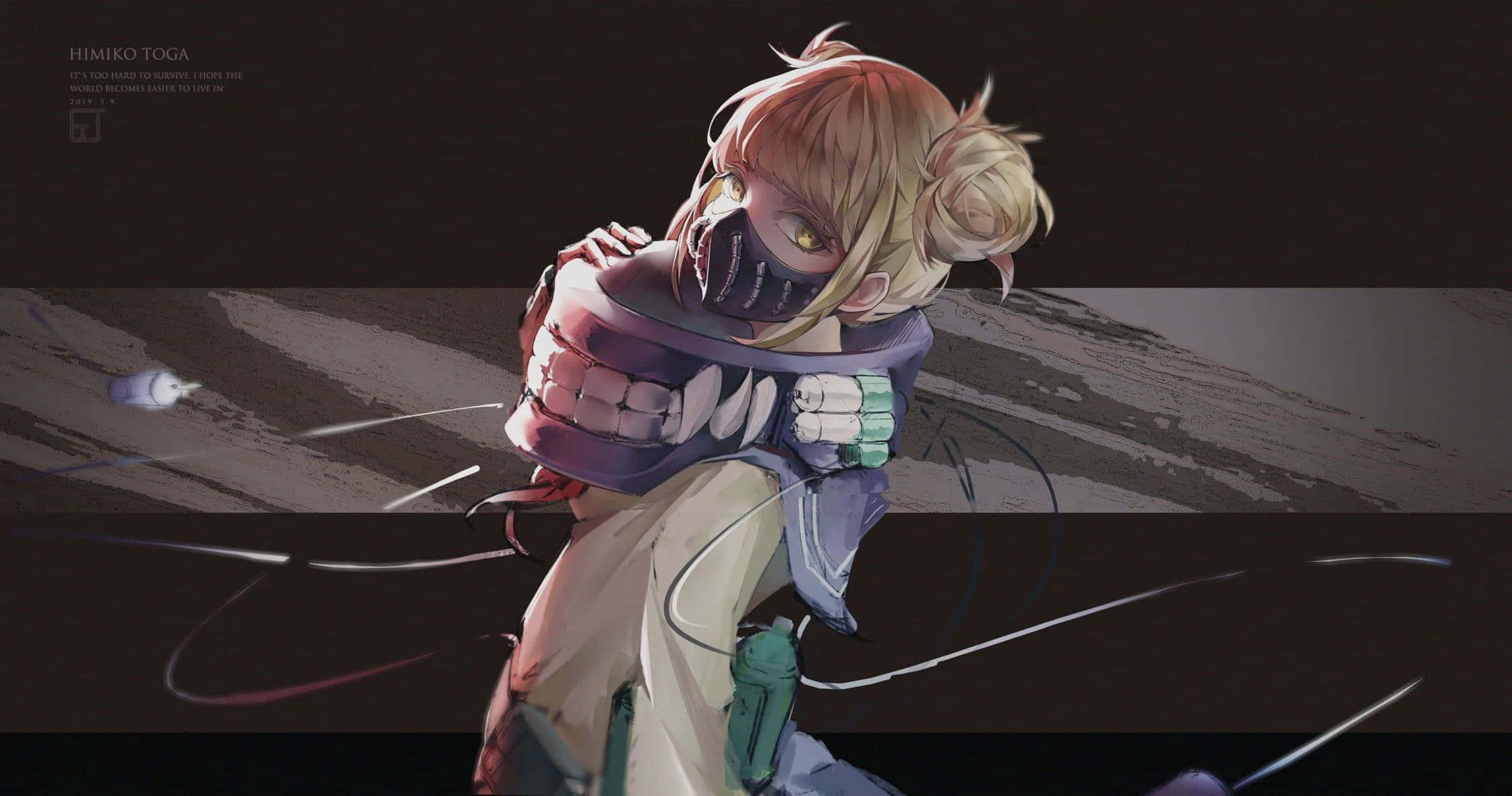 Himiko Toga Aesthetic 桌布 壁紙 — 一個堅定的動漫女孩，金髮，戴著面具，在黑暗粗糙的背景中緊握著一把大型武器。