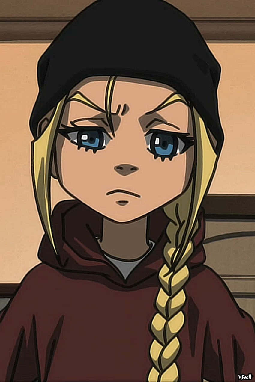 Boondocks 桌布 壁紙 — 一個堅定的動漫女孩，金髮辮子和藍眼睛，戴著黑色無邊帽和栗色連帽衫。
