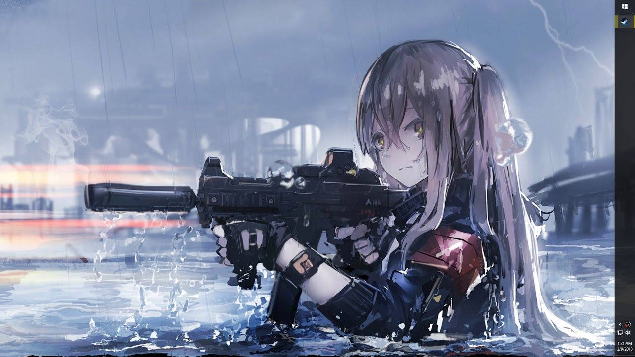 girls 桌布 壁紙 — 一個堅定的動漫女孩，長長灰髮，在暴風雨的天空下涉水而過，手持步槍。