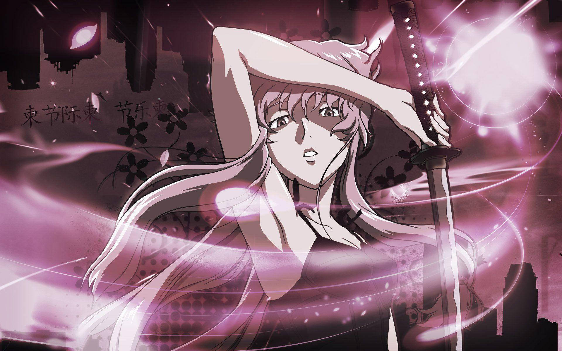 Yuno 桌布 壁紙 — 一個堅定的動漫女孩，長長的白髮，在黑暗的城市天際線背景下，握著一把刀，周圍環繞著發光的紫色能量條紋。