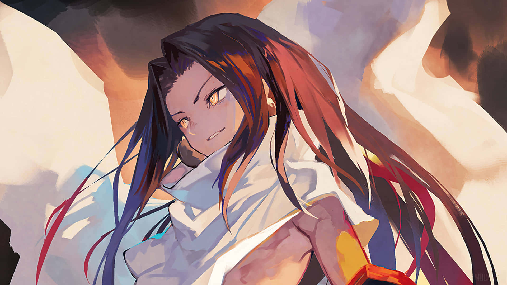 Shaman King 桌布 壁紙 — 一個堅定的動漫女孩，長長的黑髮和發光的琥珀色眼睛，穿著白色服裝，背景是溫暖的抽象背景。