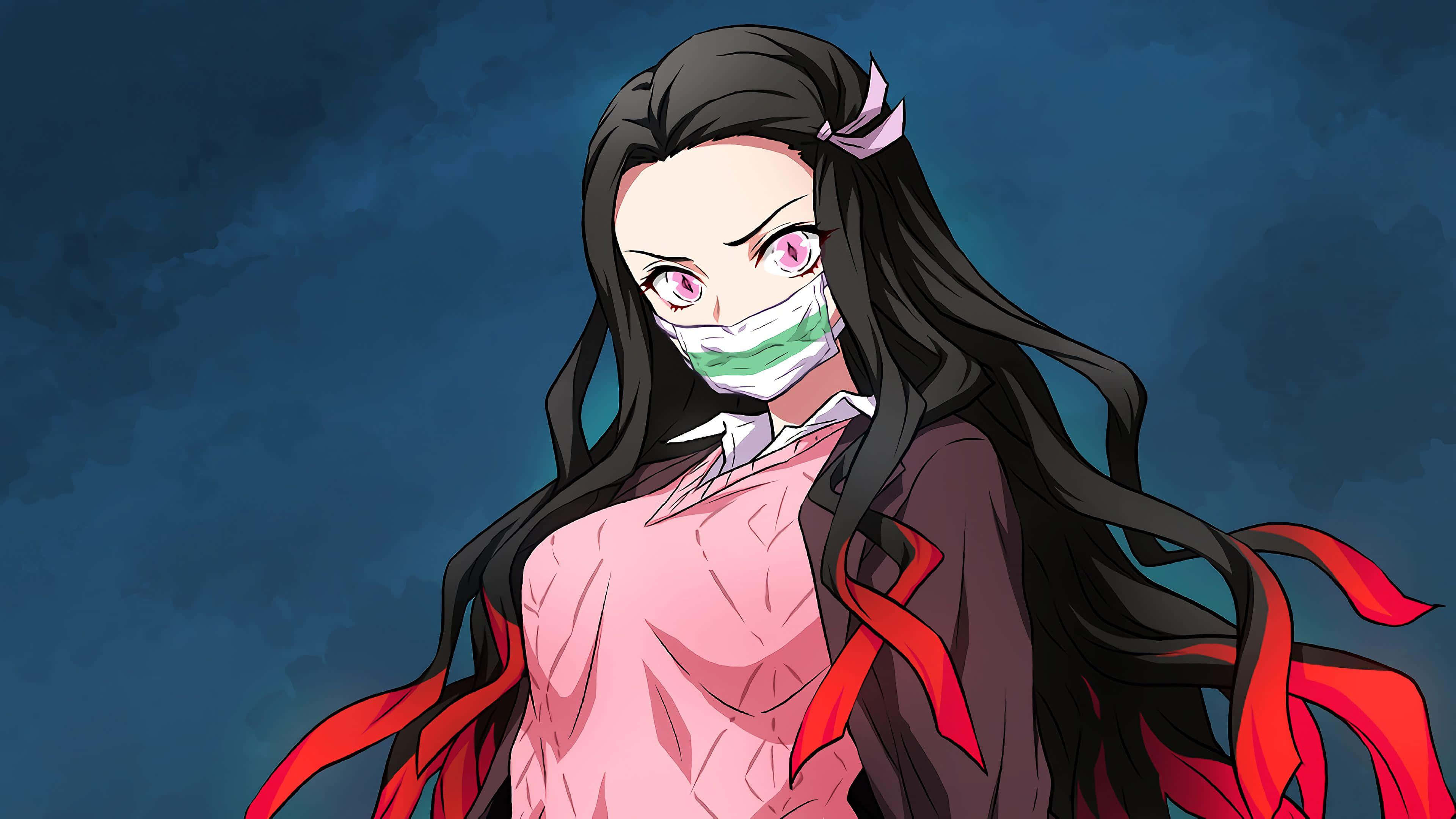 動漫女孩 桌布 壁紙 — 一個堅定的動漫女孩，長長的黑髮和粉紅色的眼睛，戴著口罩和紅色絲帶，背景是深藍色的多雲天空。