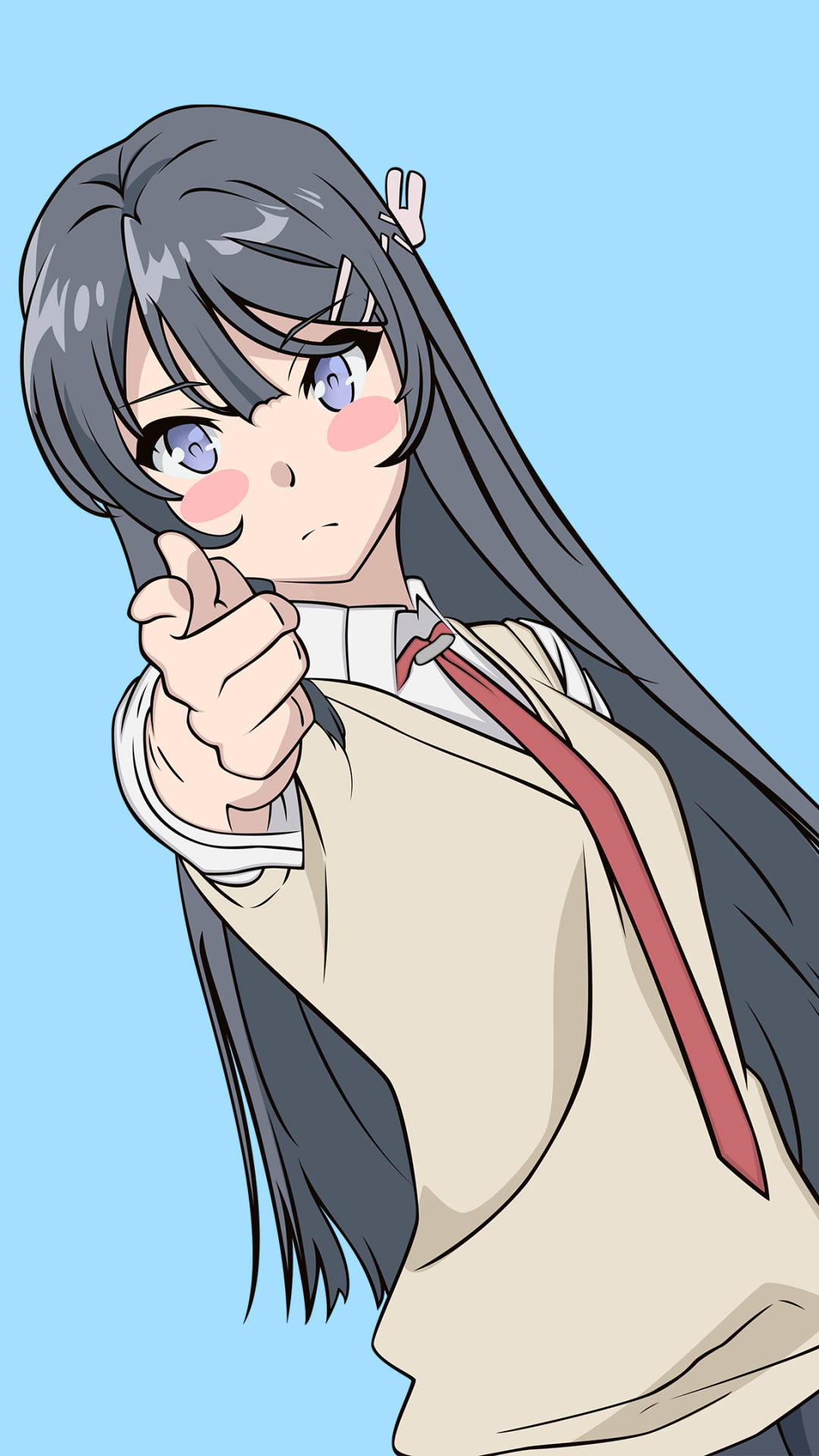 HD anime phone 桌布 壁紙 — 一個堅定的動漫女孩，長長的黑髮和藍色的眼睛，在純淺藍色背景上直接指向觀眾。