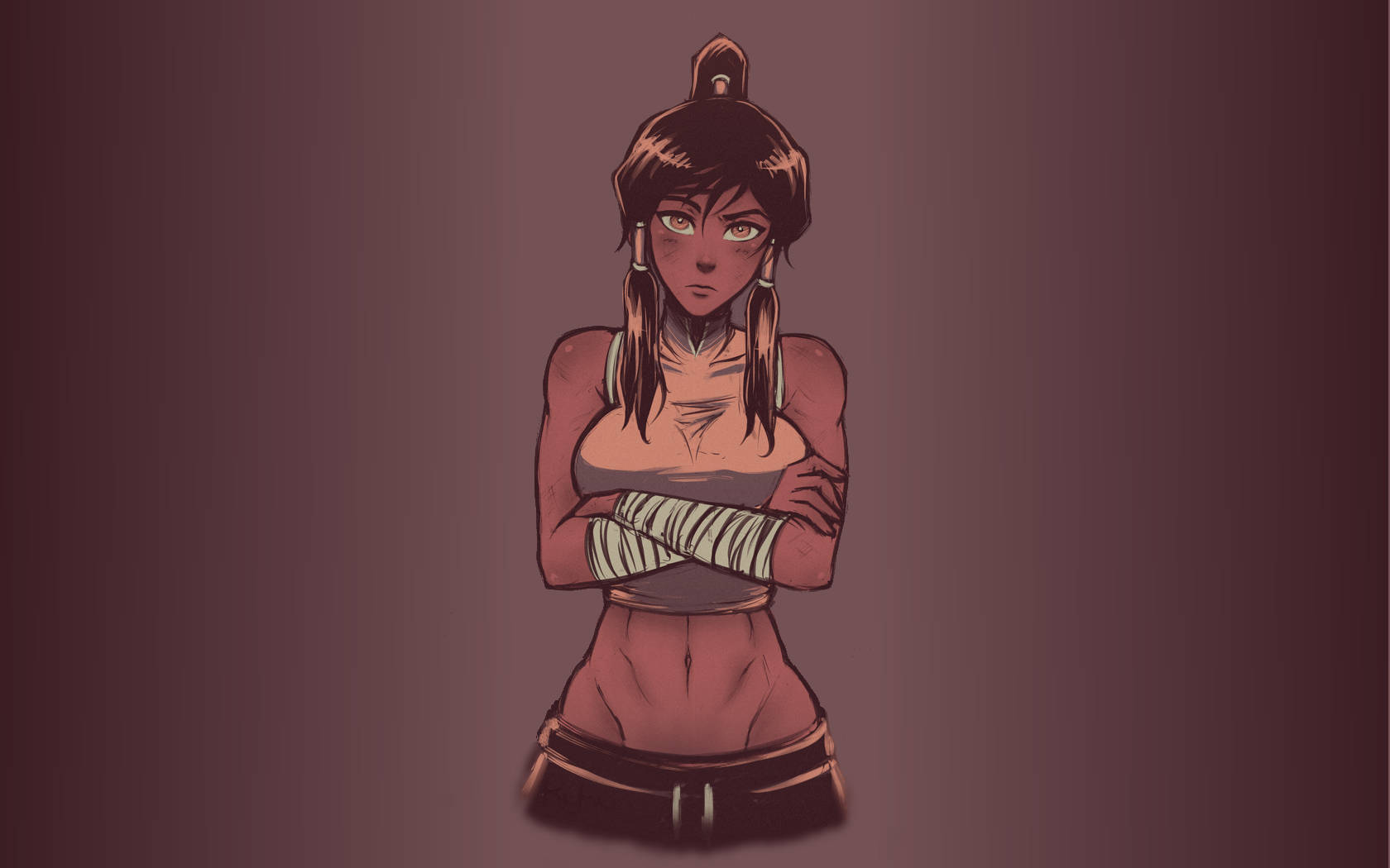 Korra 桌布 壁紙 — 一個堅定的動漫女孩，雙臂交叉，前臂纏著繃帶，站在柔和的紫色漸變背景前。