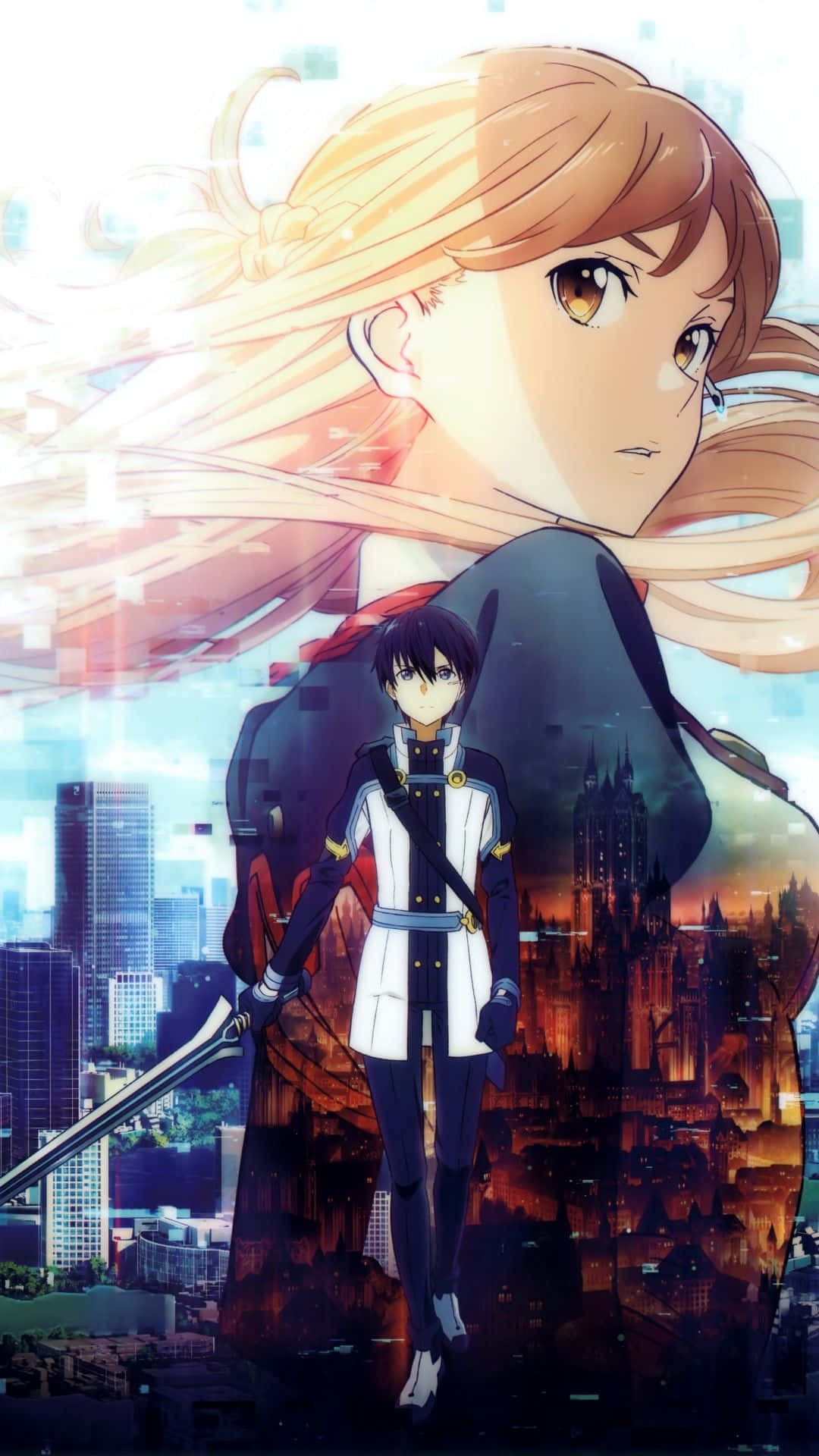 Yuuki Asuna 桌布 壁紙 — 一個堅定的動漫女孩，飄逸的金髮，站在夕陽下未來主義的城市景觀前，她的剪影被發光的摩天大樓框住。