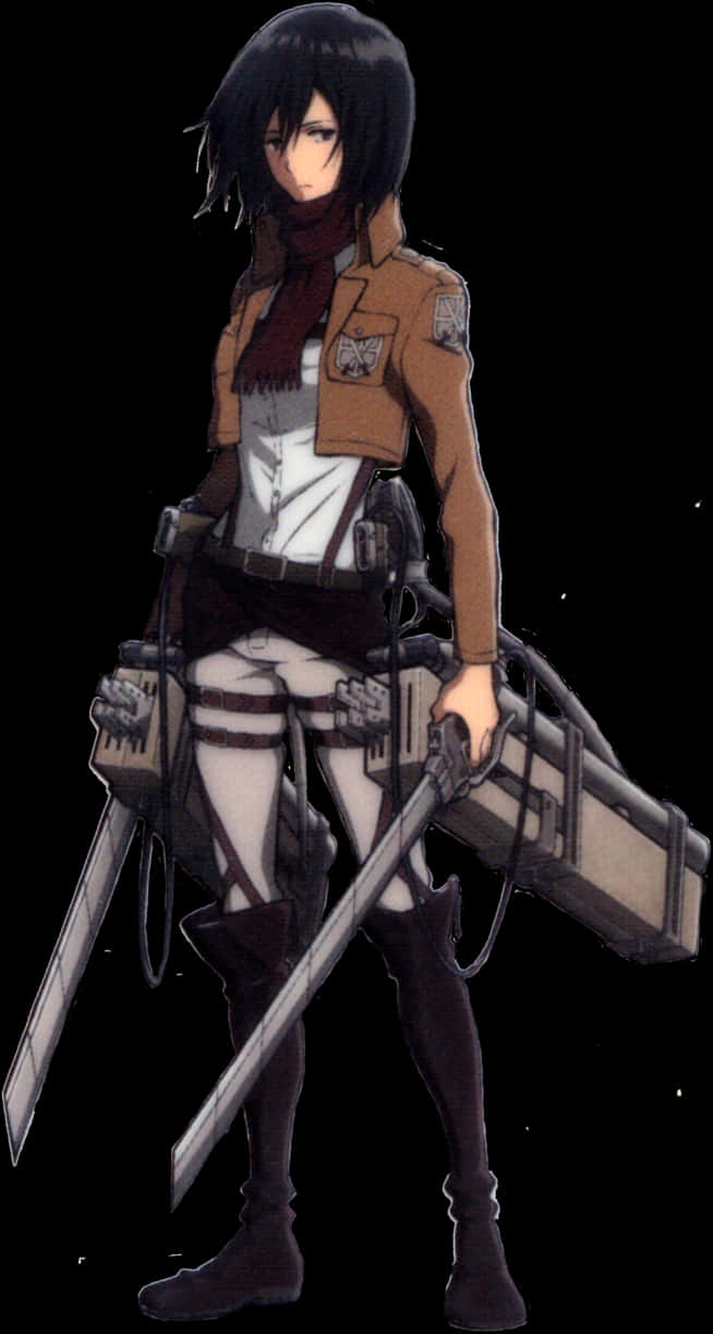 米卡莎·阿卡曼 桌布 壁紙 — 一個堅定的動漫女孩穿著棕色軍服，在黑色背景前揮舞著一把大劍和裝備。