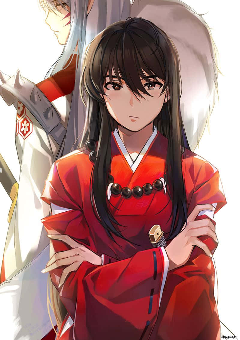 Inuyasha And Rin 桌布 壁紙 — 一個堅定的動漫女孩穿著紅色和服，雙臂交叉站立，身後有一位銀髮的同伴穿著白色盔甲。