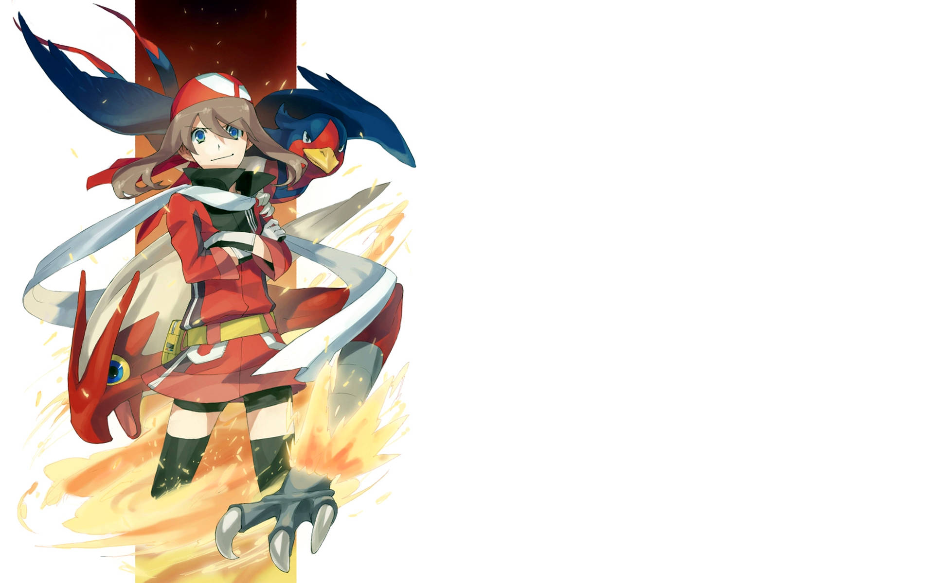 Blaziken 桌布 壁紙 — 一個堅定的動漫女孩穿著紅色服裝，與火龍和藍鳥同伴站在溫暖發光的背景前。