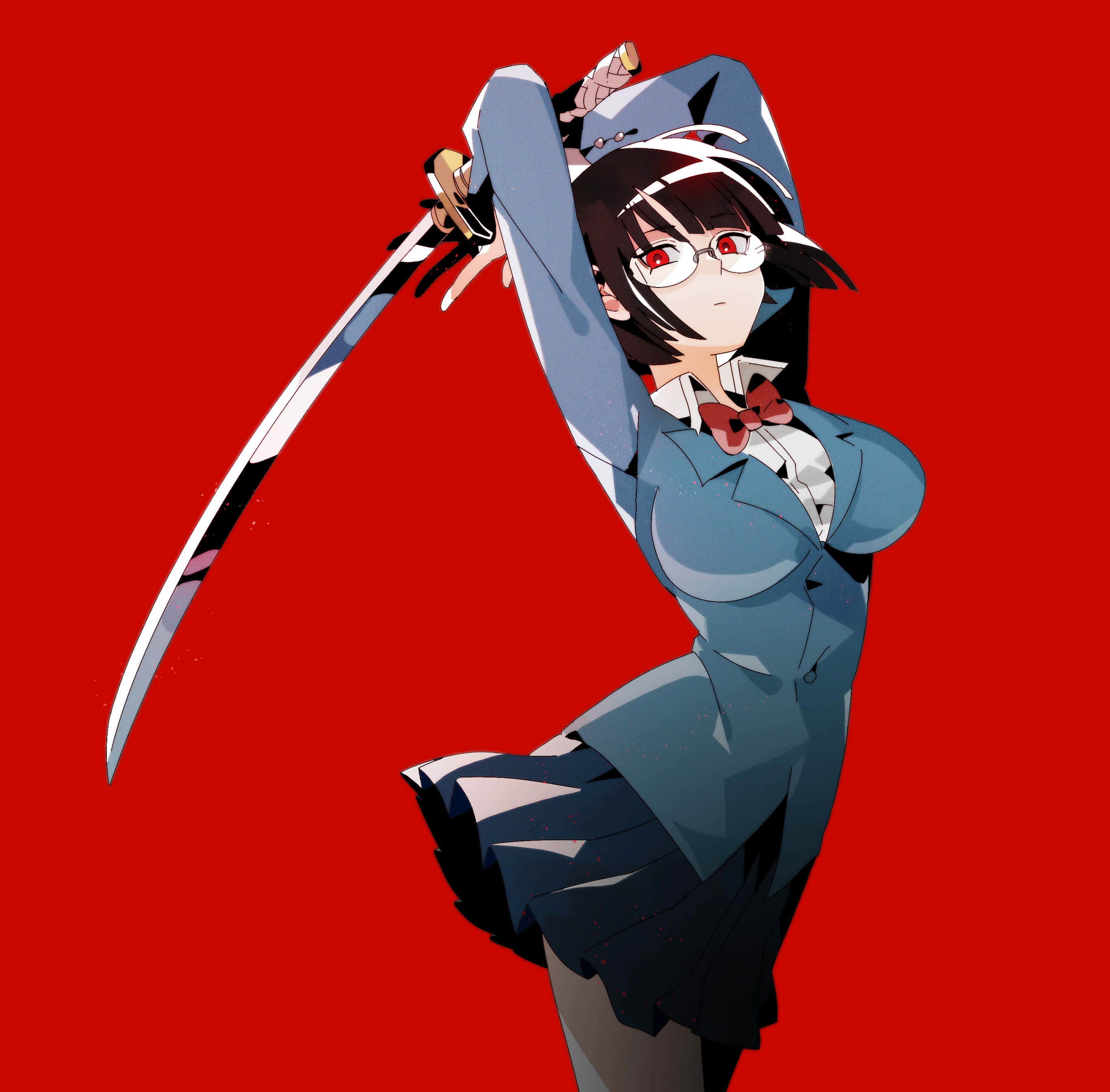 Anri Sonohara 桌布 壁紙 — 一個堅定的動漫女孩穿著藍色校服，在鮮紅色的背景下揮舞著武士刀。